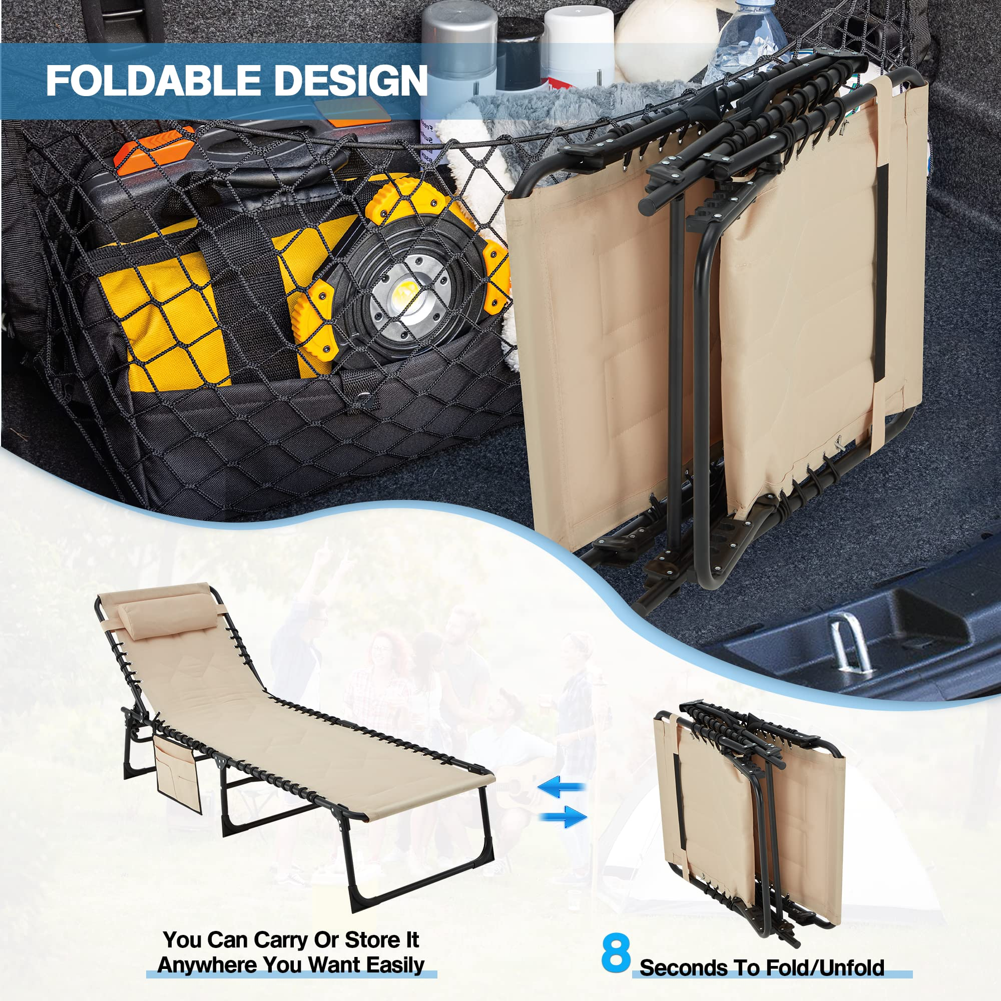 Patio Chaise Lounge Chair, Folding Recliner Adjustable Lounge Chair with Detachable Pocket and Pillow, Lightweight Pool Lounge Chairs for Outdoor Beach Lawn and Sunbathing（Khaki）