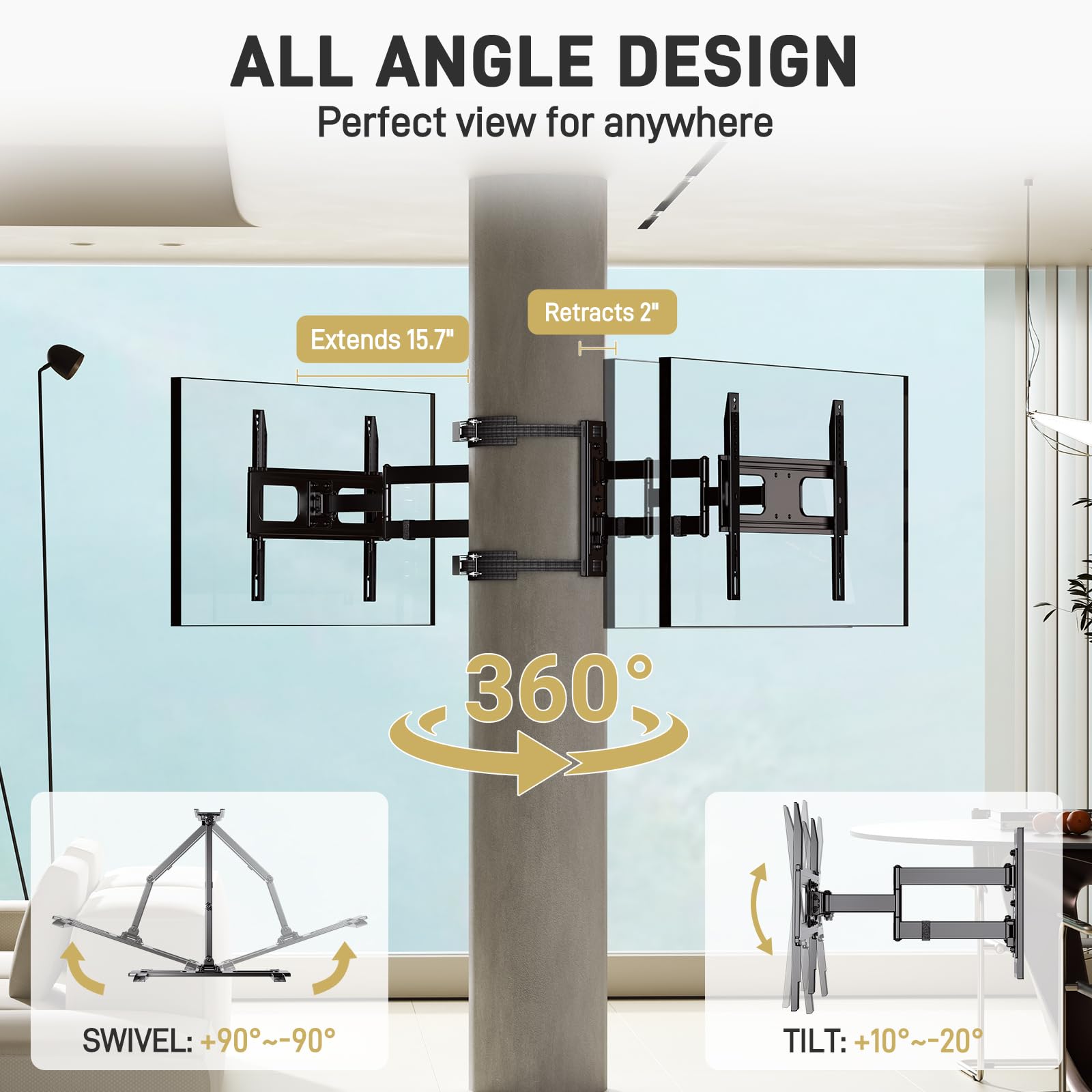 HOMREST Outdoor Gazebo TV Mount No Drill for Post, Full Motion Pergola TV Mount, Adjustable Weatherproof TV Bracket, Fits 27-65 Inch TVs, Holds 77 lbs