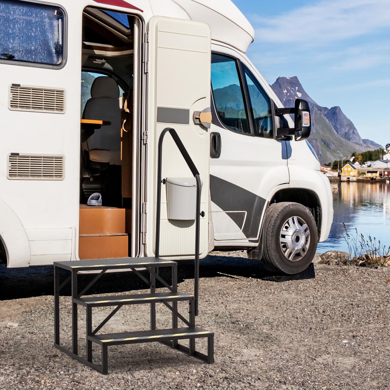 HOMREST 3-Step RV Steps with Handrail, 660 LBS Metal RV Stairs with Armrest Cover, Anti-Slip Hot Tub Steps, Mobile Home Steps with Non-Skid Tapes