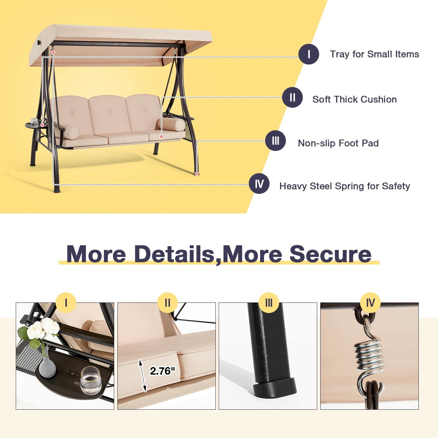 Homrest 3-Seat Outdoor Porch Swing with Adjustable Canopy and Backrest, Khaki