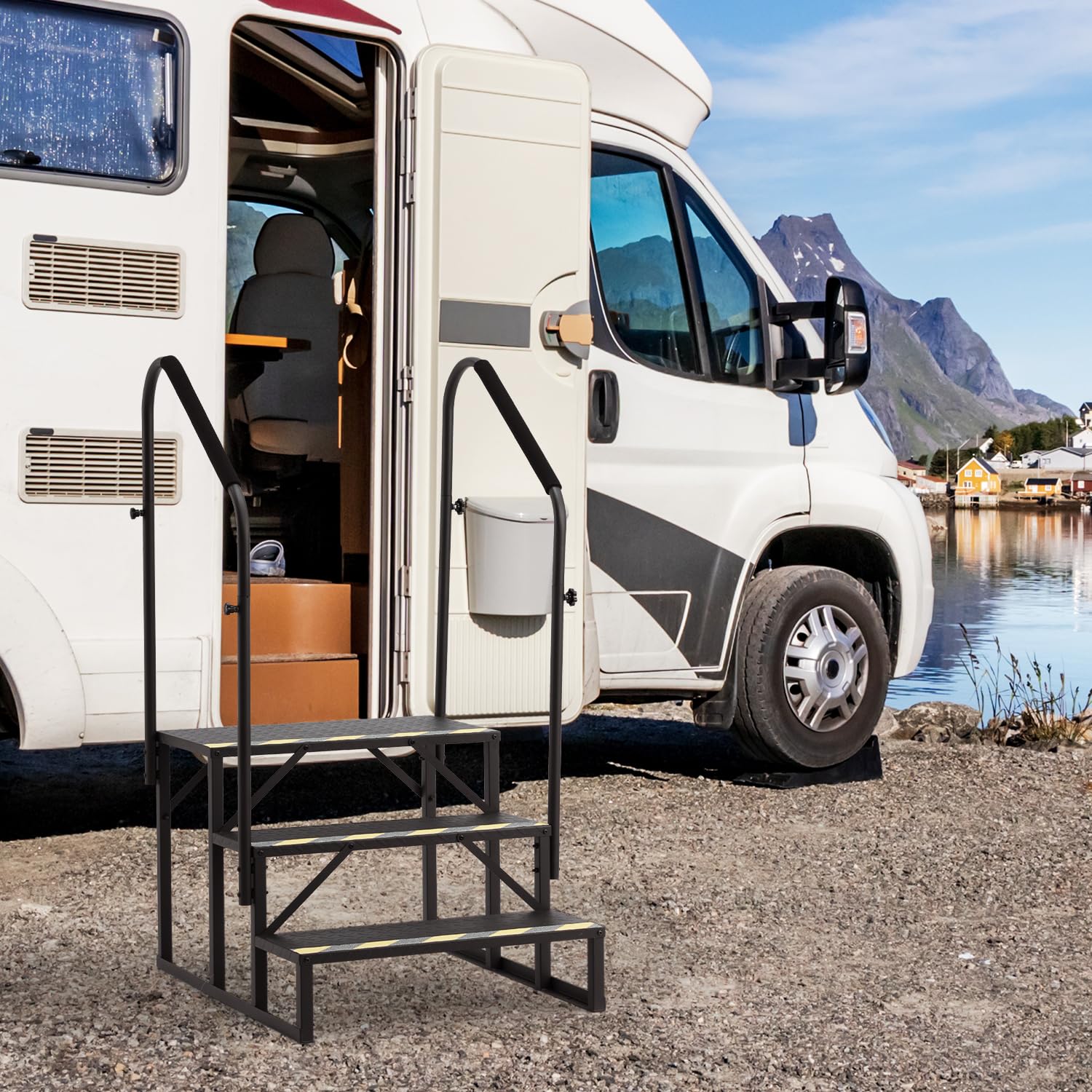HOMREST 3-Step RV Steps with Dual Handrails, 660 LBS Heavy-Duty RV Stairs with Armrest Covers, Anti-Slip Hot Tub and Mobile Home Steps with Non-Skid Tapes