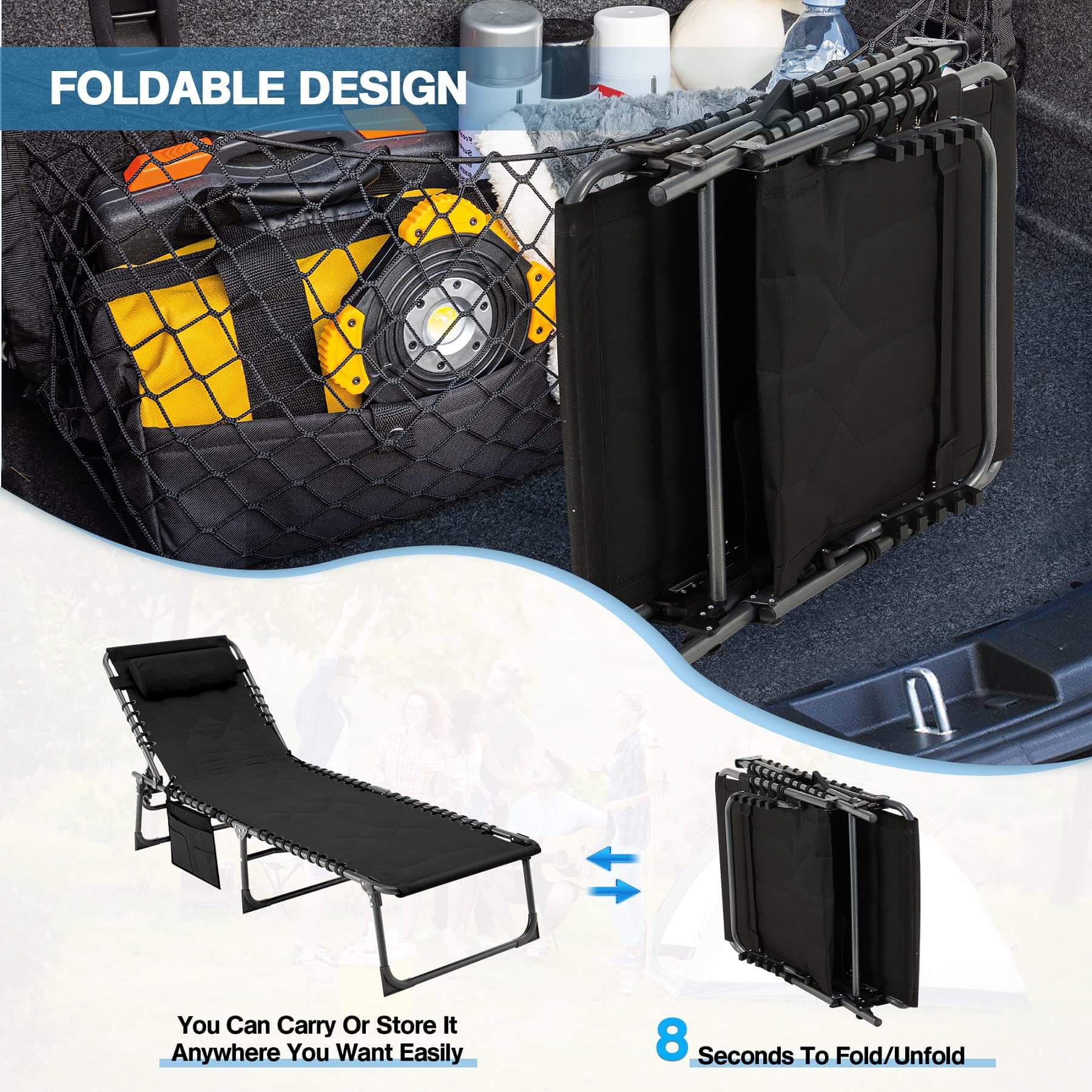 Patio Folding Chaise Lounge Chair Set of 2, Portable Outdoor Chair with Detachable Pocket and Pillow（Black）
