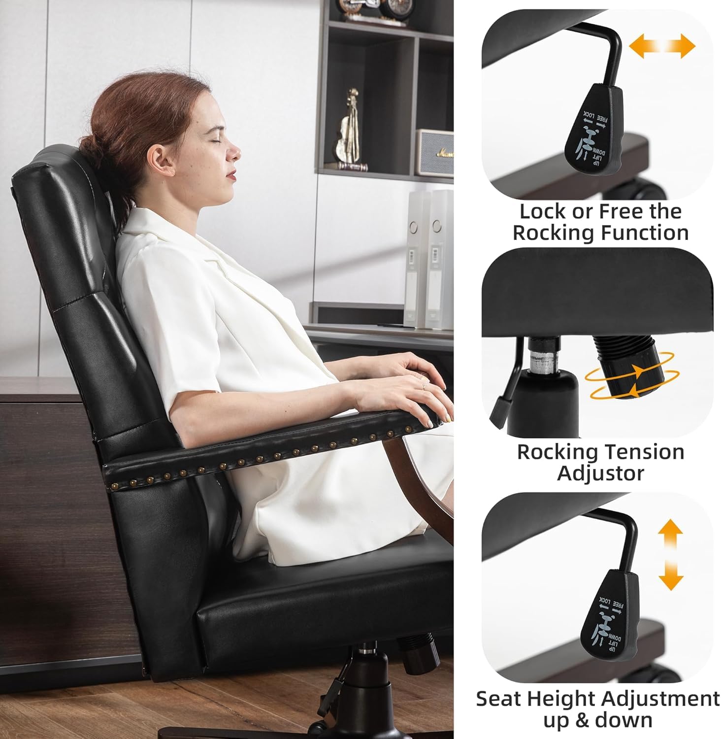 Homrest Executive Wingback Office Chair – Vintage Faux Leather, High-Back Swivel Design – Black