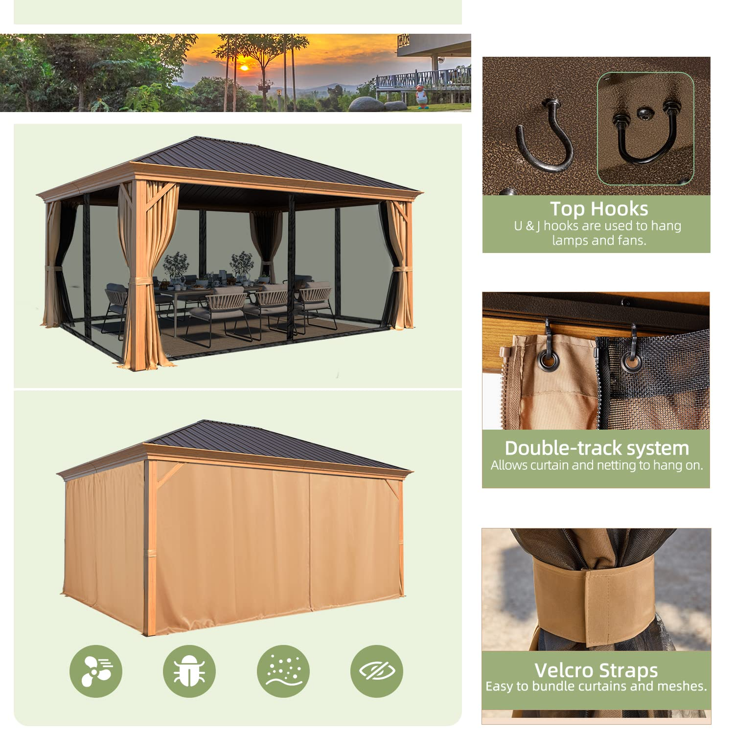 Homrest 12' x 16' Gazebo Hard-Top Single Roof Canopy,Wood Grain Aluminum Gazebo