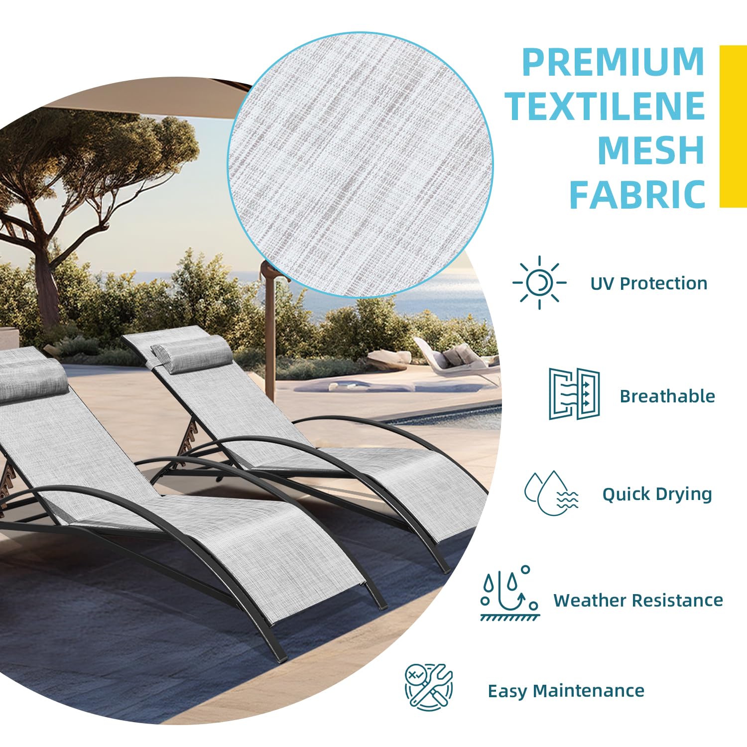 HOMREST Set of 2 Textilene Outdoor Lounge Chairs with Adjustable Backrest, Grey