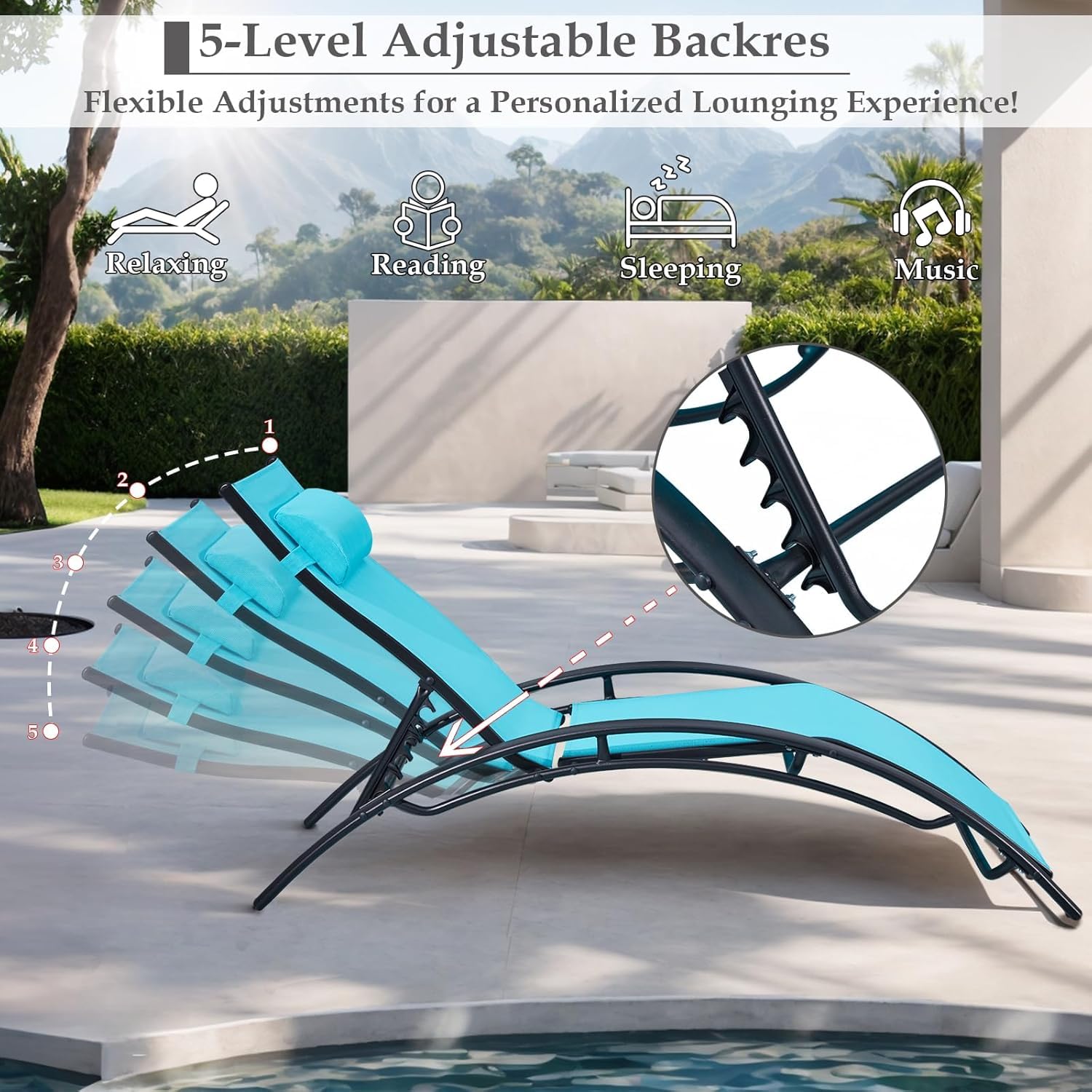 HOMREST 3-Piece Outdoor Chaise Lounge Set, Reclining Patio Chairs with Side Table, Blue