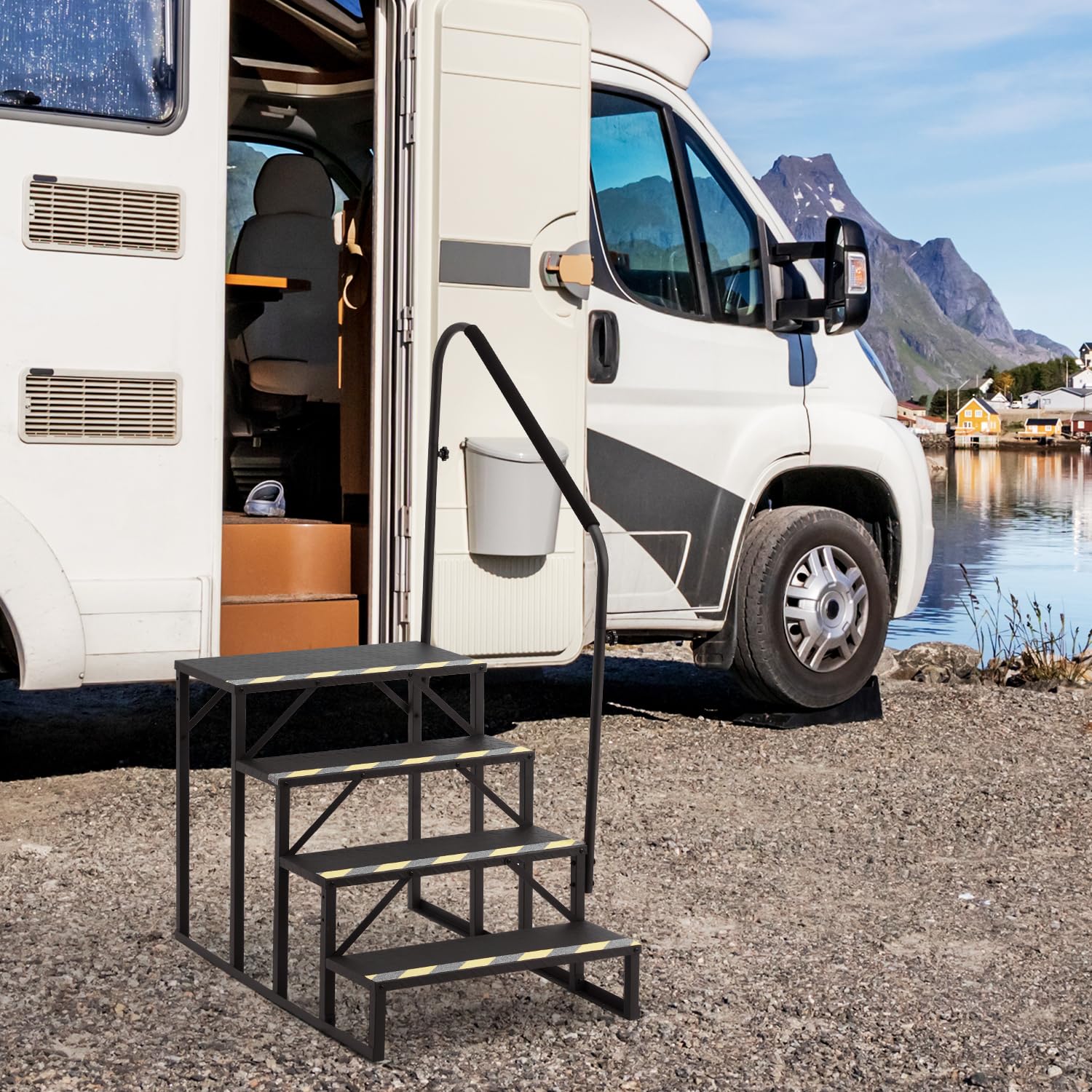 HOMREST 4-Step RV Steps with Handrail, 660 LBS Metal RV Stairs with Armrest Cover, Anti-Slip Hot Tub Steps, Mobile Home Steps with Non-Skid Tapes