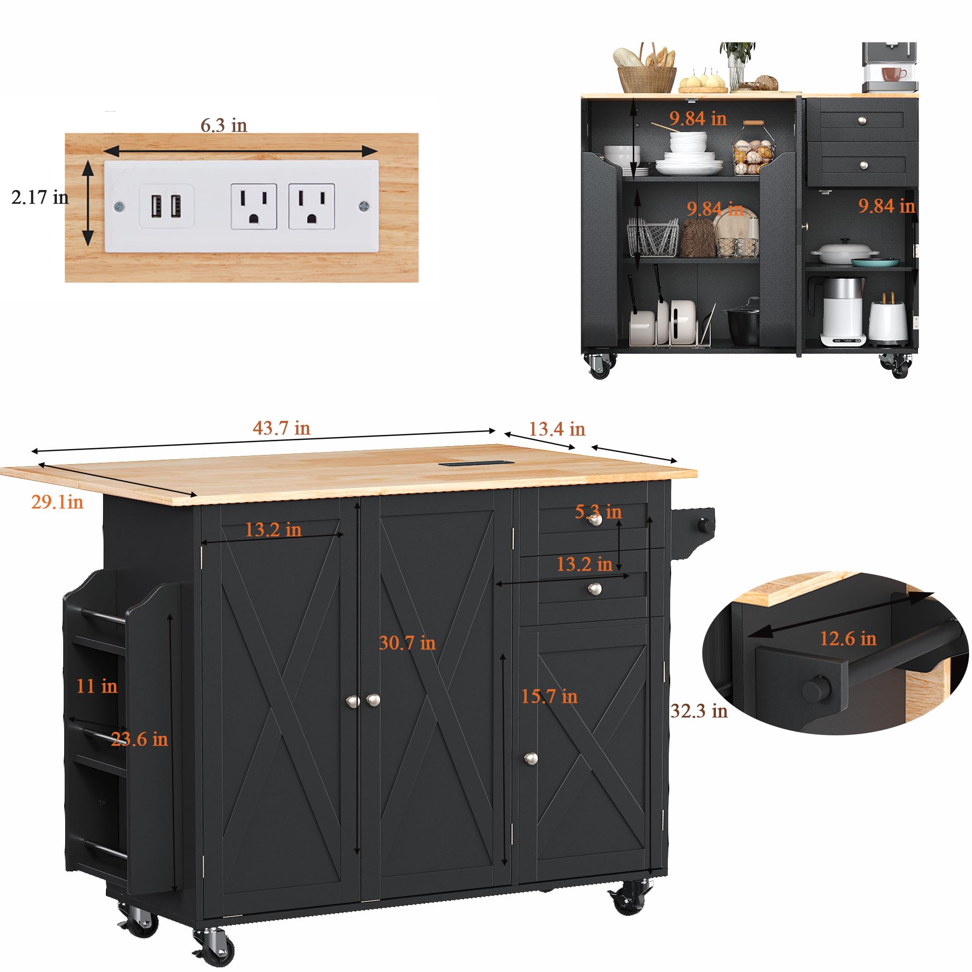 HOMREST 50.4" Kitchen Island with Drop Leaf & Power Outlet, Farmhouse Rolling Island Cart with 3 Spices Shelves on Wheels, Mobil Kitchen Island Table with Rubberwood Countertop Towel Rack, Black