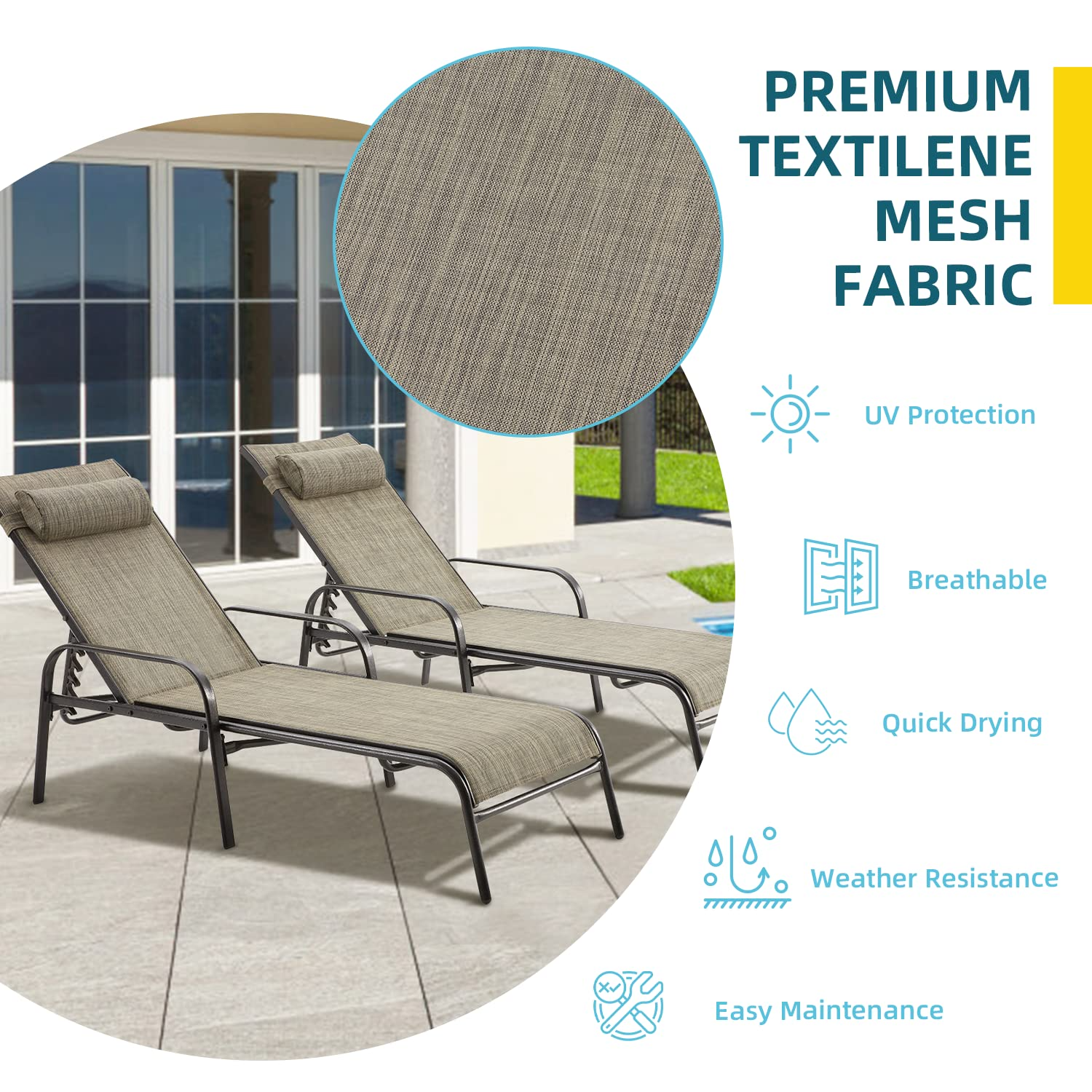 HOMREST Set of 2 Chaise Lounges Patio, Outdoor Lounge Chairs with Adjustable Backrest, All-Weather Textilene