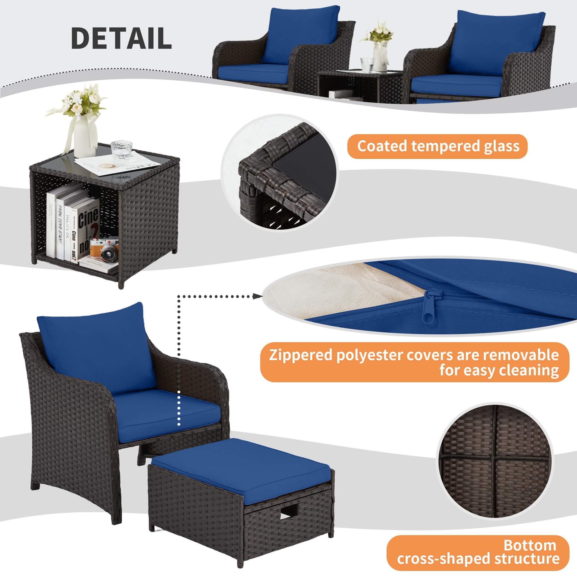 Homrest 5 Pcs Patio Wicker Chair Set with Ottomans and Coffee Table, Navy Blue