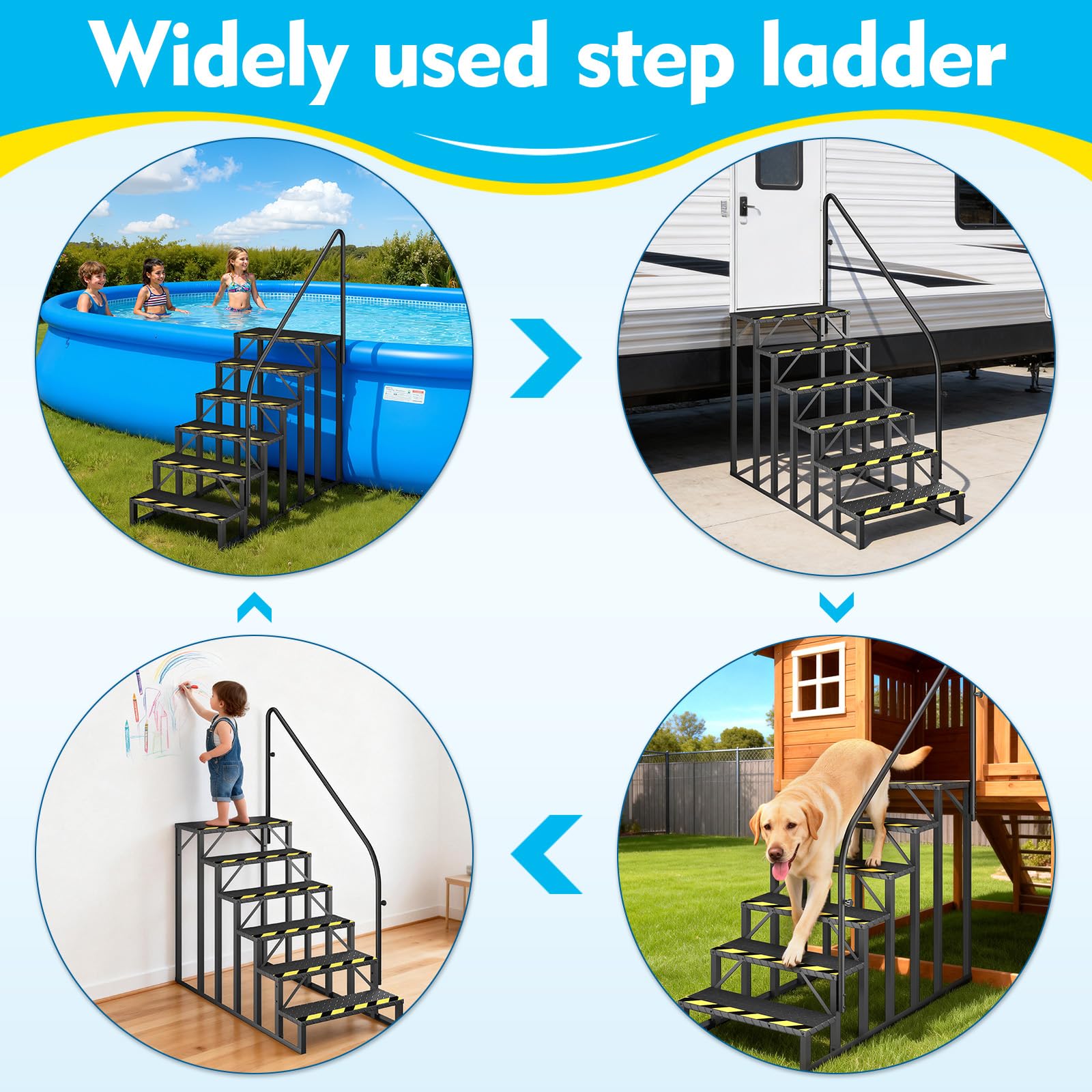 HOMREST 6-Step RV Steps with Handrail, 660LBS Capacity, Metal Mobile Home Stairs with Armrest, Anti-Slip Hot Tub & Camper Steps, Non-Skid Treads