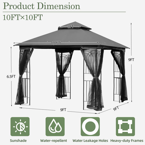 HOMREST Outdoor Gazebo 10'x10', Heavy Duty Canopy Tent with Soft Double Roofs & Metal Corner Frame Shelves, Party Tent Shelter with Mosquito Netting for Patio, Deck, Backyard, Gray