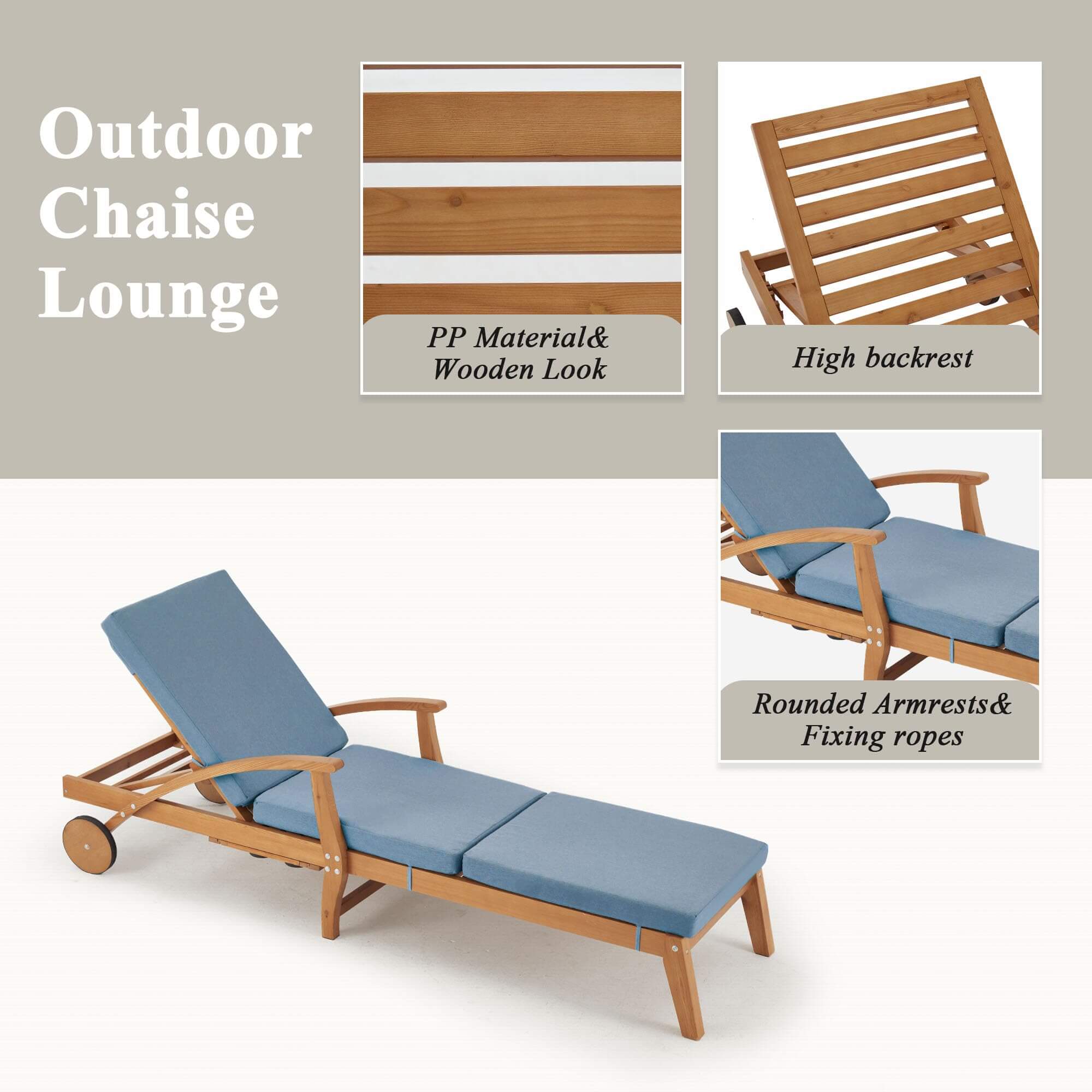 Outdoor Wood Chaise Lounge Chair Set of 2, with Slide-Out Tray, Adjustable Backrest, Moving Wheels and Breathable Fabric (Light Blue)