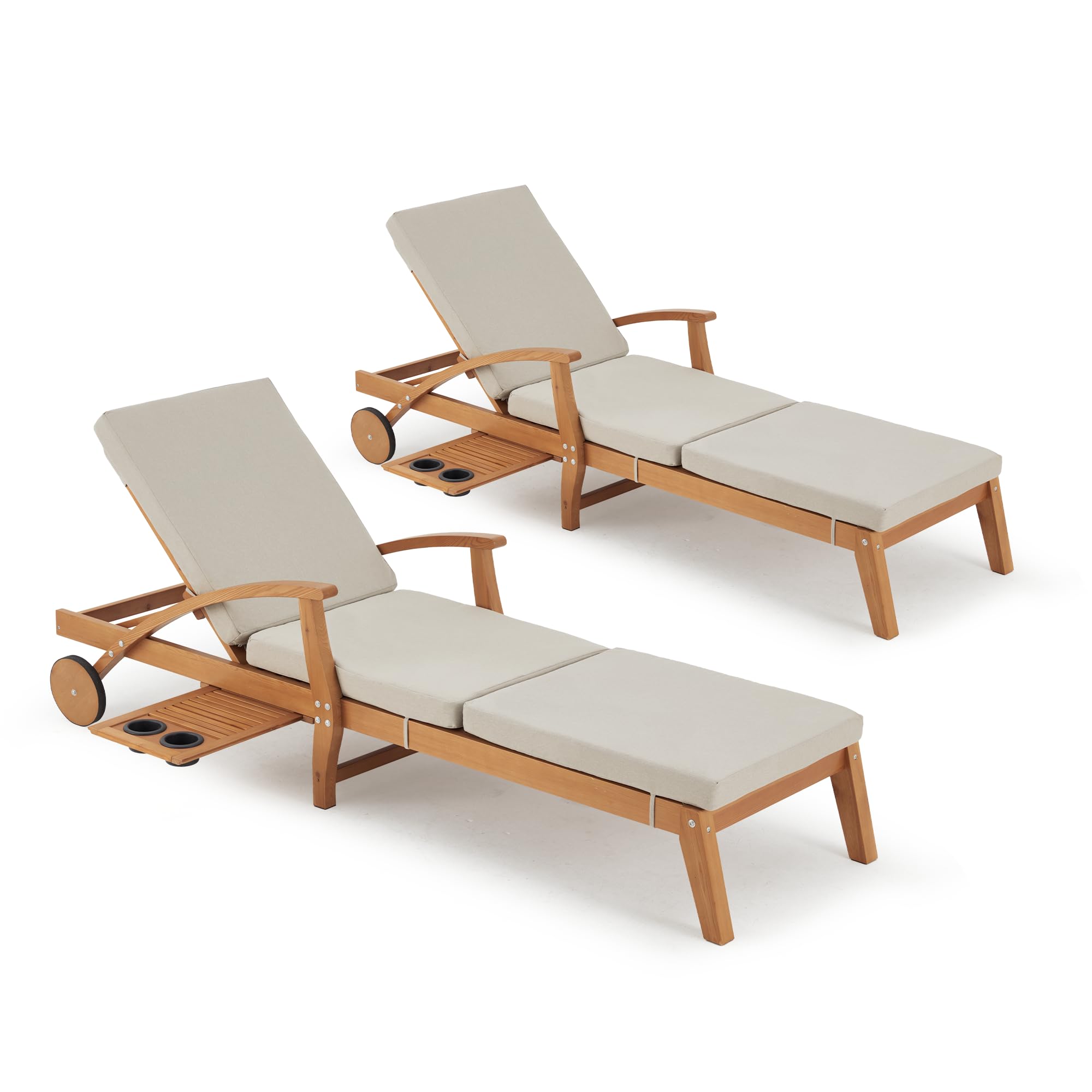 Outdoor Wood Chaise Lounge Chair Set of 2, with Slide-Out Tray, Adjustable Backrest, Moving Wheels and Breathable Fabric