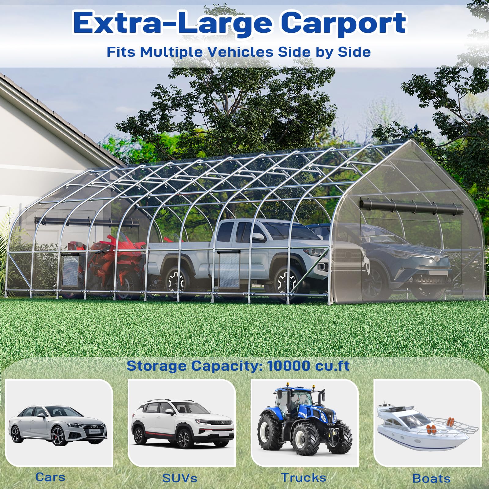 HOMREST 20x40 FT Heavy Duty Durable Carport With 3-Layer PE Waterproof Cover