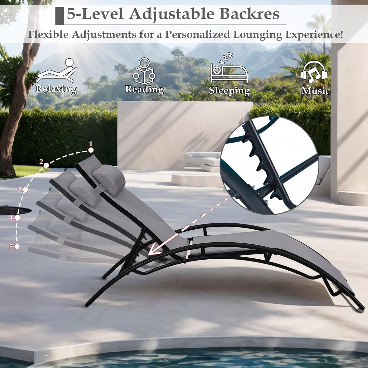 HOMREST 3-Piece Outdoor Chaise Lounge Set, Reclining Patio Chairs with Side Table, Gray