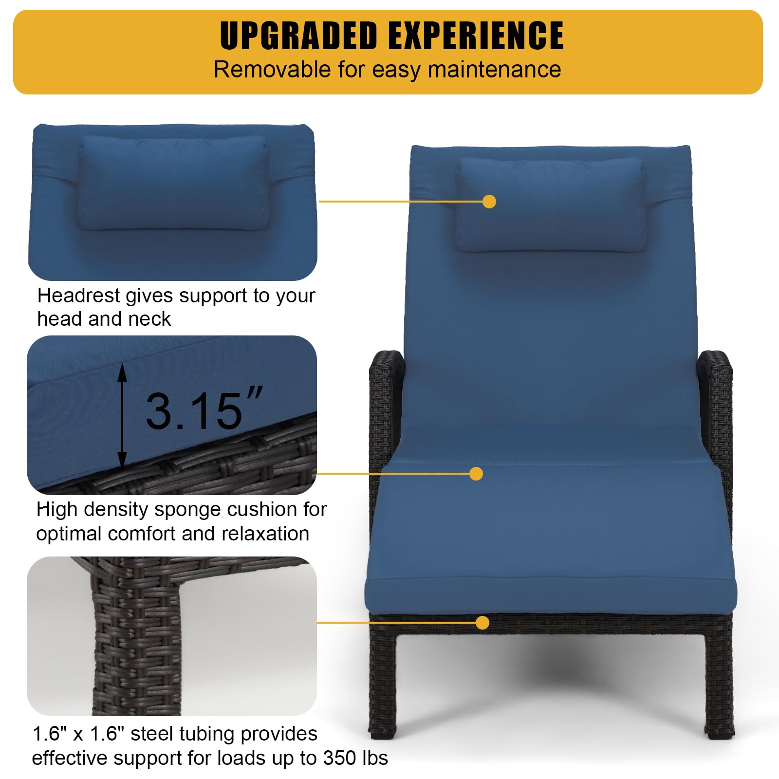 Homrest Chaise Lounge Chairs Set of 4 PE Rattan Wicker Patio Pool Lounge Chair, Dark Blue
