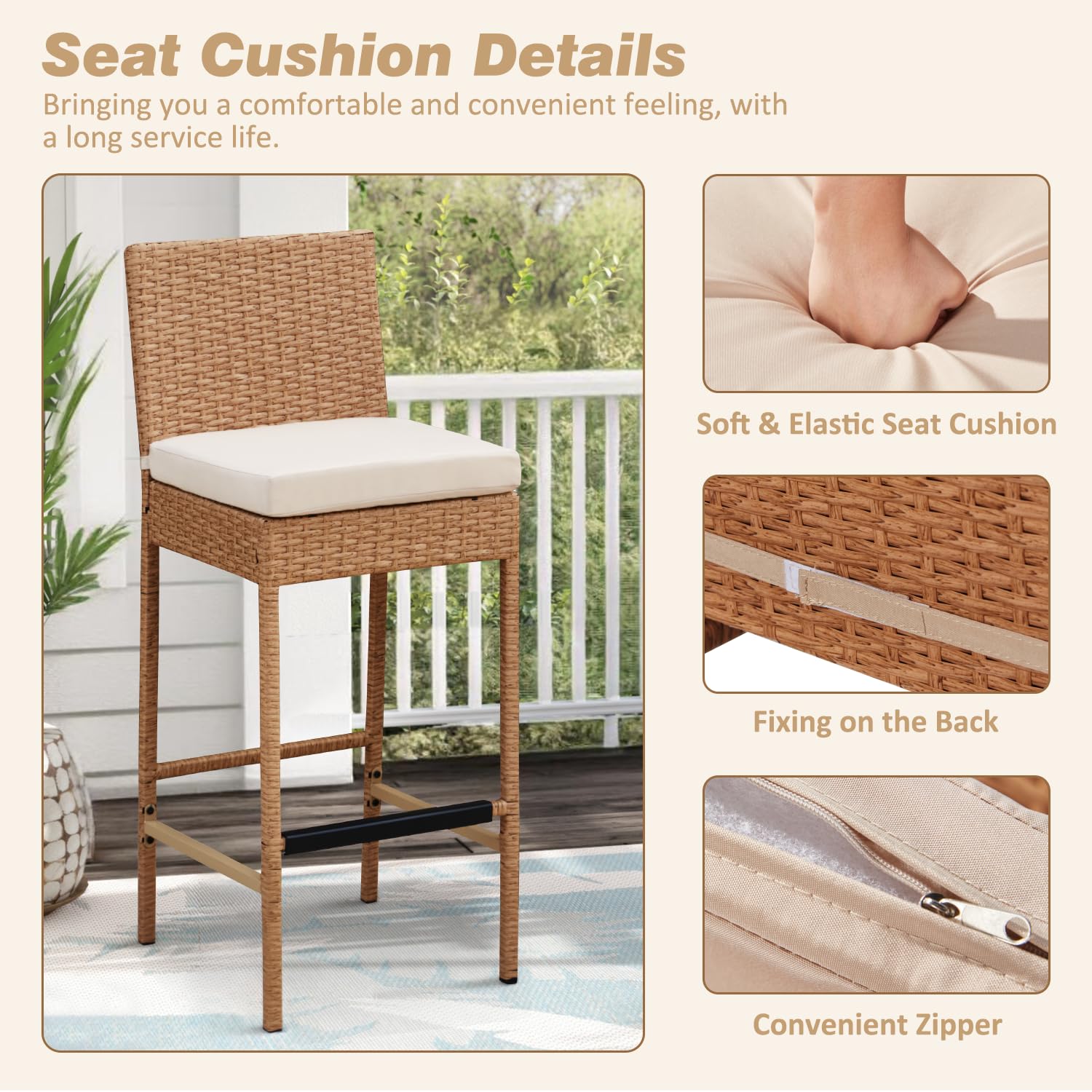 HOMREST Rattan Bar Stools Set of 4, Wicker Woven Patio Stools & Patio Bar Chairs with Seat Cushion and Cozy Footrest, Outdoor Furniture Armless Counter Height, Yellow