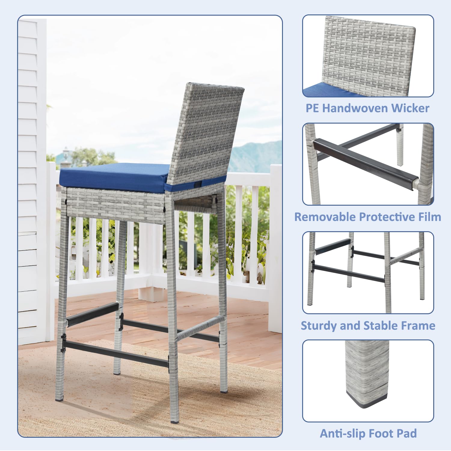 HOMREST Rattan Bar Stools Set of 4, Wicker Woven Patio Stools & Patio Bar Chairs with Seat Cushion and Cozy Footrest, Outdoor Furniture Armless Counter Height, Gray/Blue