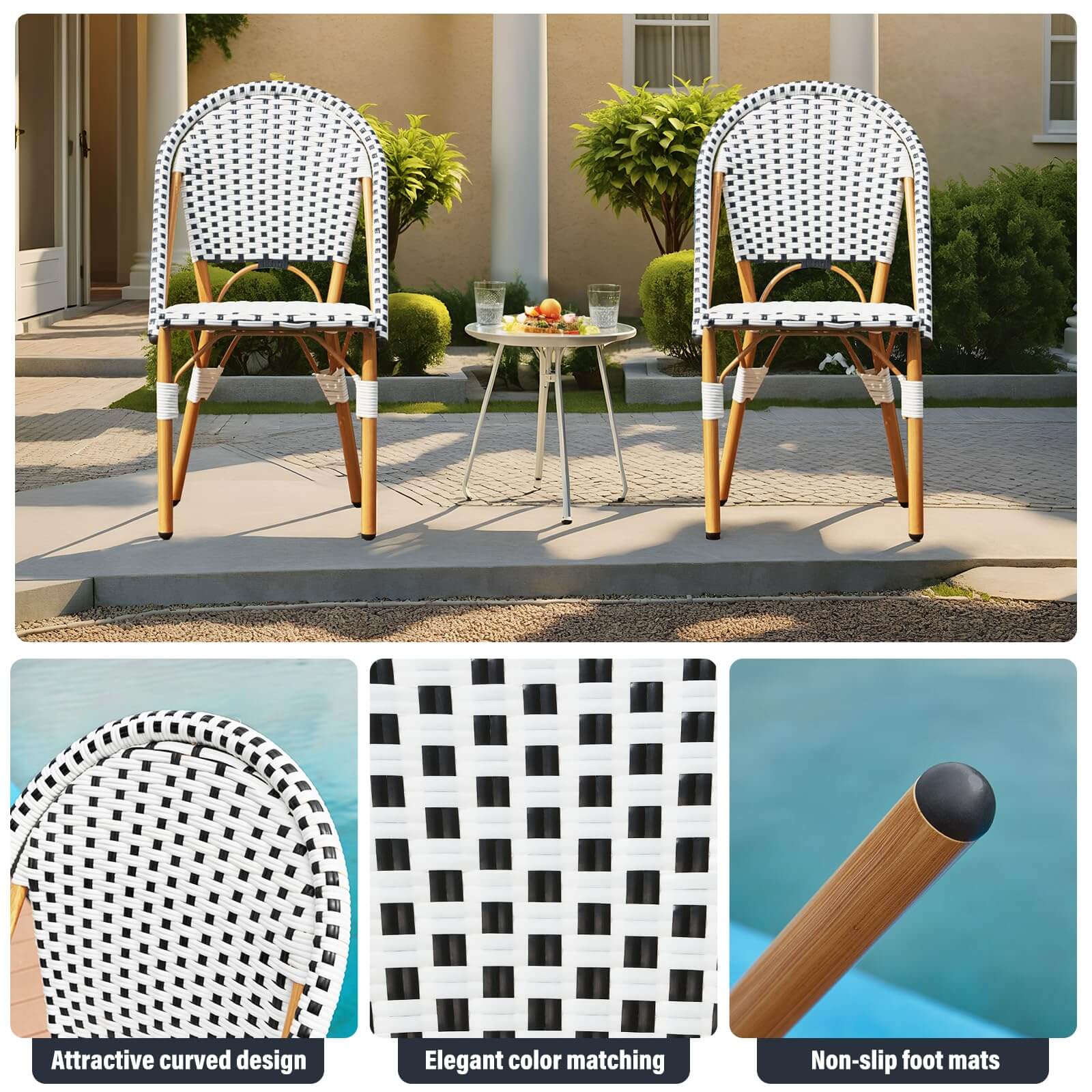 HOMREST Outdoor French Bistro Chair Set of 2, Wicker Patio Dining Chairs with Print Finish, Black&White