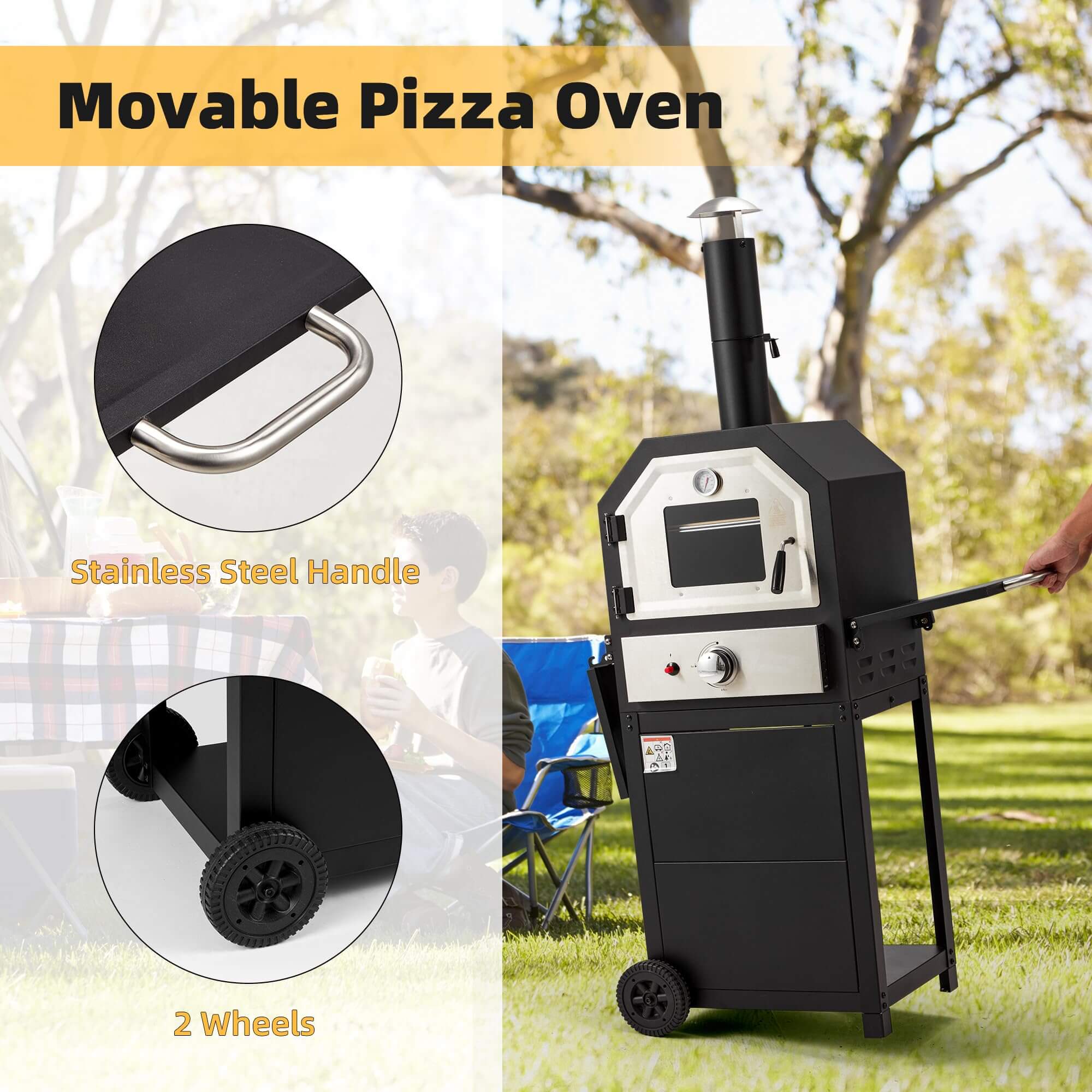 HOMREST Freestanding Outdoor 12" Gas Pizza Oven, CSA Approved Portable Propane Pizza Oven with 2 Foldable Shelves, Wheels and Cover