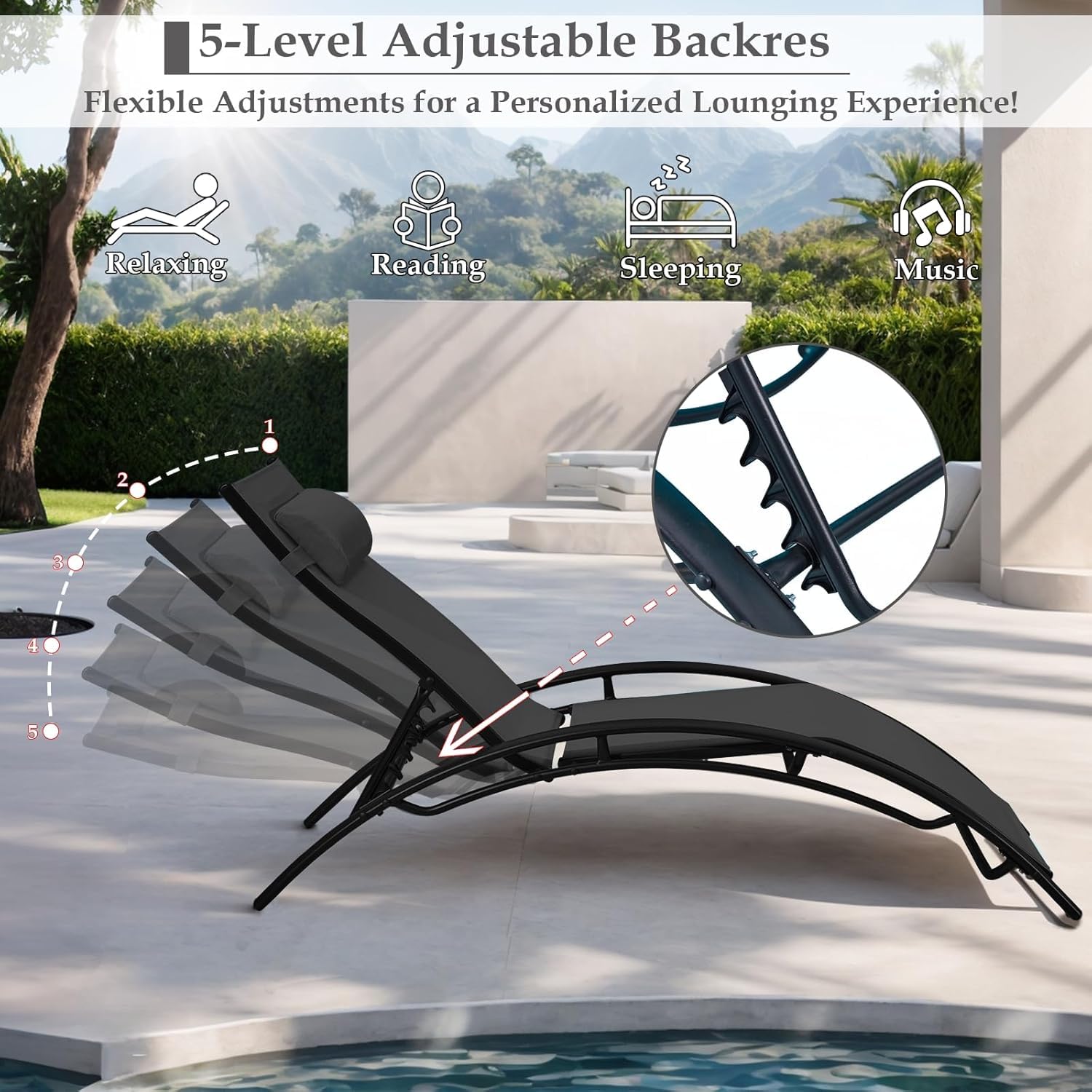 HOMREST 3-Piece Outdoor Chaise Lounge Set, Reclining Patio Chairs with Side Table, Black