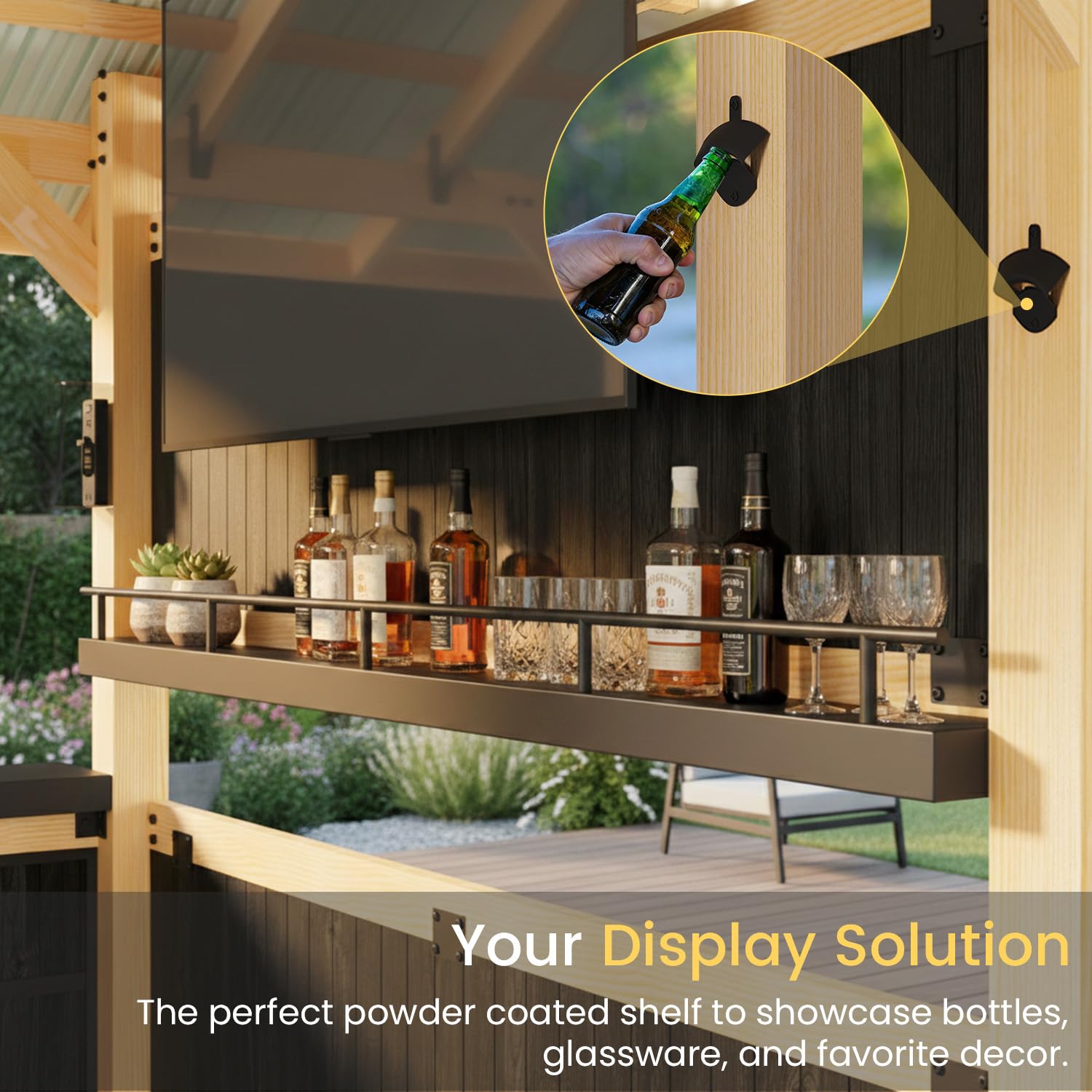 HOMREST 9.5' x 6.4' Outdoor Wooden Gazebo Bar Set with Galvanized Steel Roof, 3 Bar Tops, Power Strip & TV Hook, Weather-Resistant for Patio, Garden, Backyard
