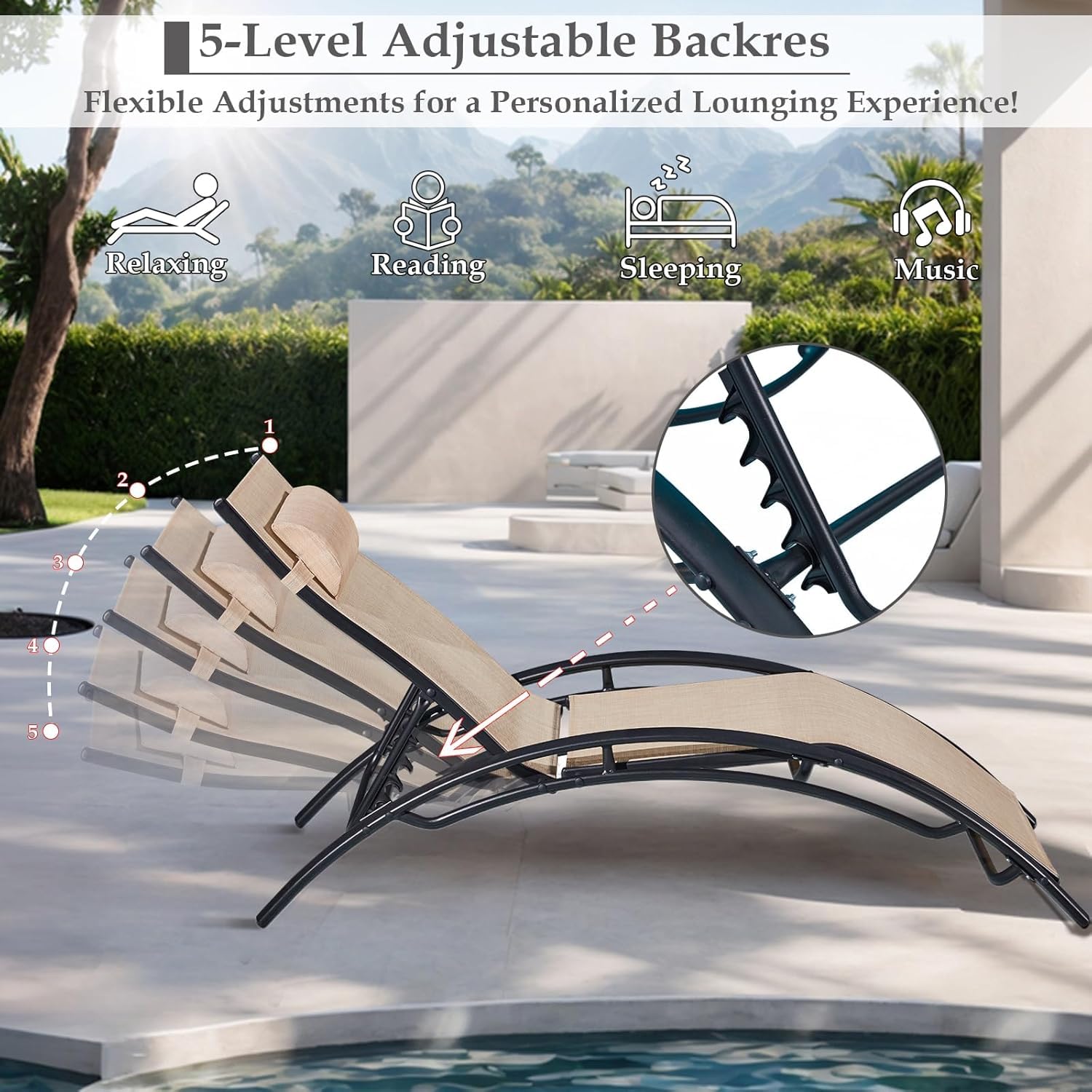 HOMREST 3-Piece Outdoor Chaise Lounge Set, Reclining Patio Chairs with Side Table, Khaki
