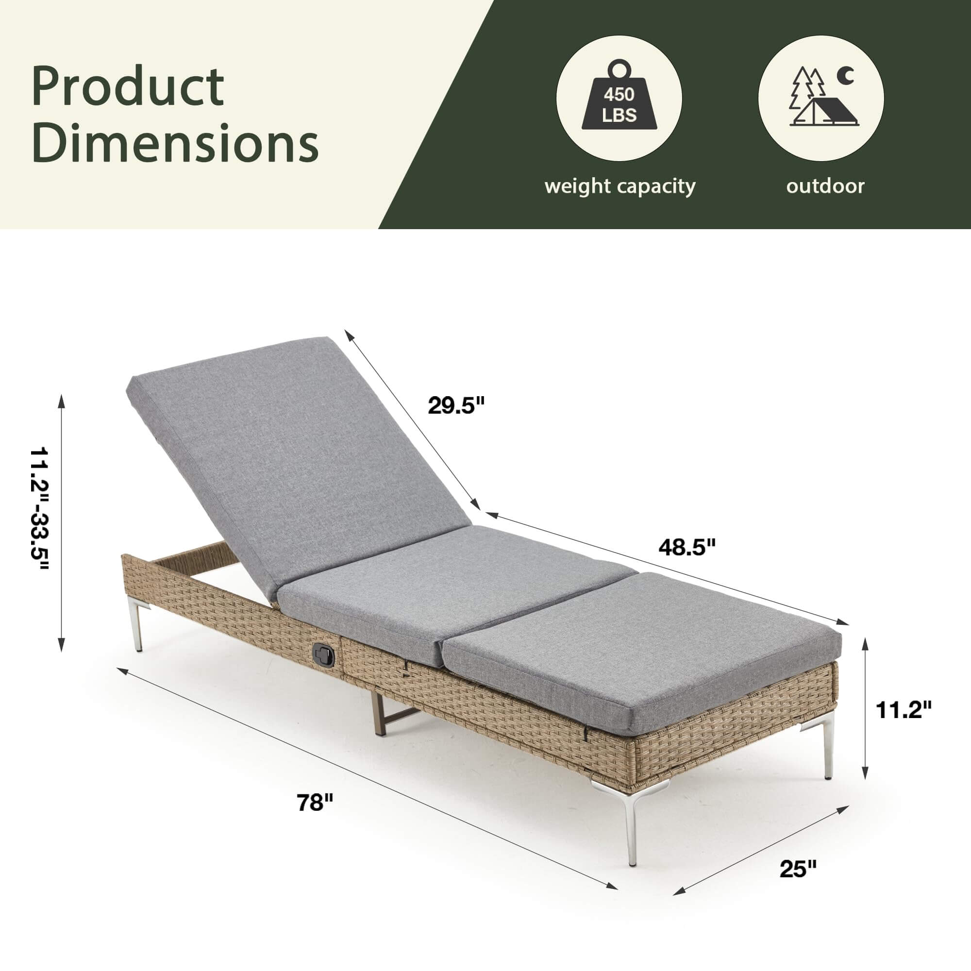 Homrest Patio Rattan Chaise Lounge Chair, Outdoor Wicker Recliner Thickened Cushion Stepless Adjustable with Gas Cylinder, Gray