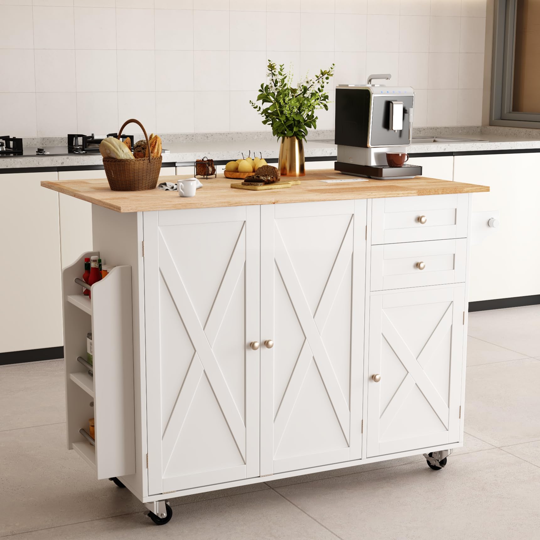 HOMREST 50.4" Kitchen Island with Drop Leaf & Power Outlet, Farmhouse Rolling Island Cart with 3 Spices Shelves on Wheels, Mobil Kitchen Island Table with Rubberwood Countertop Towel Rack, White