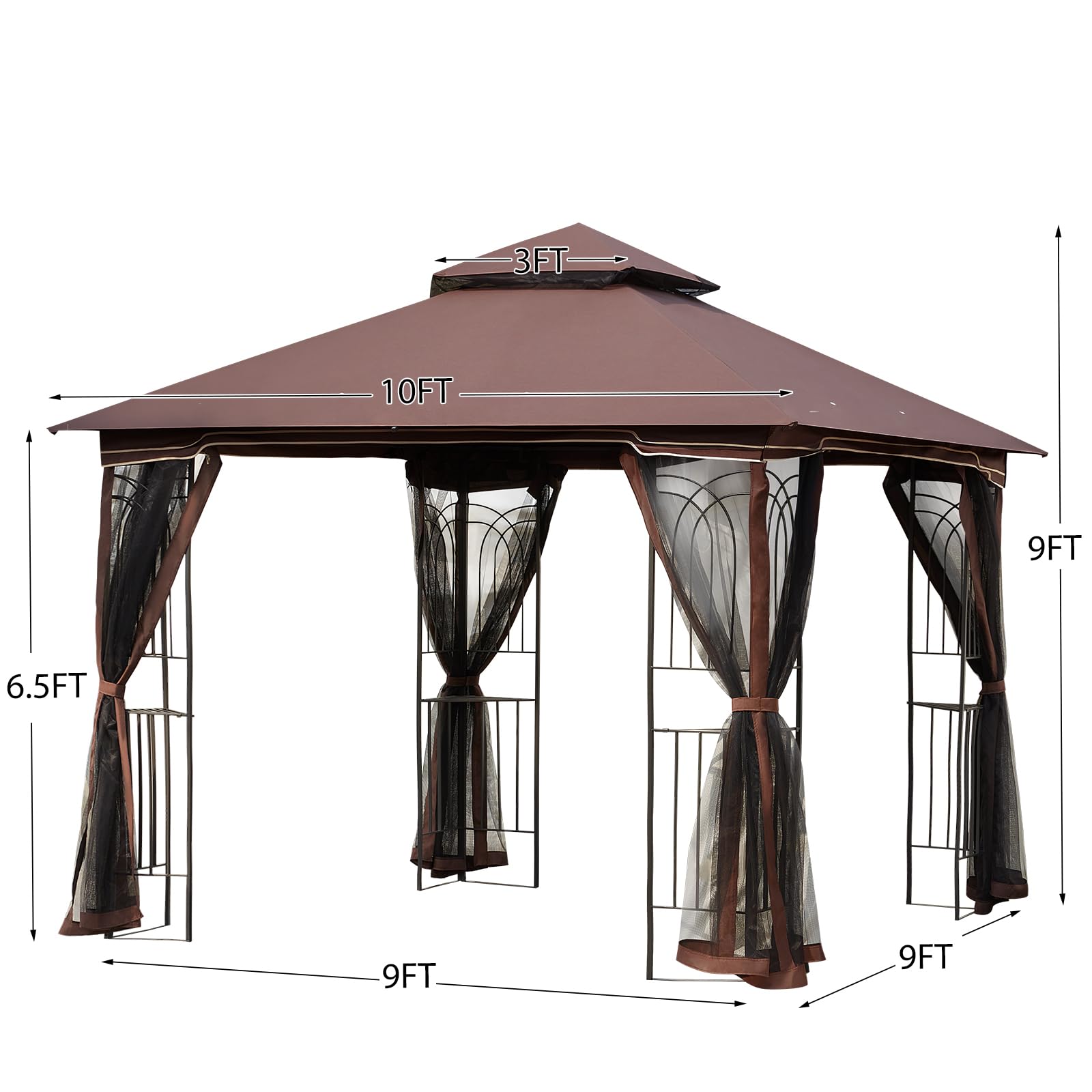 HOMREST Outdoor Gazebo 10'x10', Heavy Duty Canopy Tent with Soft Double Roofs & Metal Corner Frame Shelves, Party Tent Shelter with Mosquito Netting for Patio, Deck, Backyard, Brown