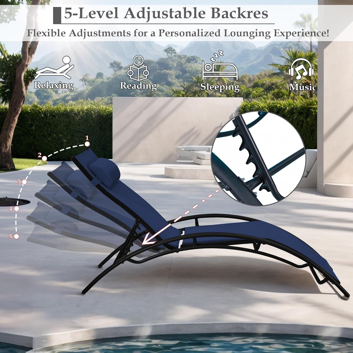 HOMREST 3-Piece Outdoor Chaise Lounge Set, Reclining Patio Chairs with Side Table, Navy Blue