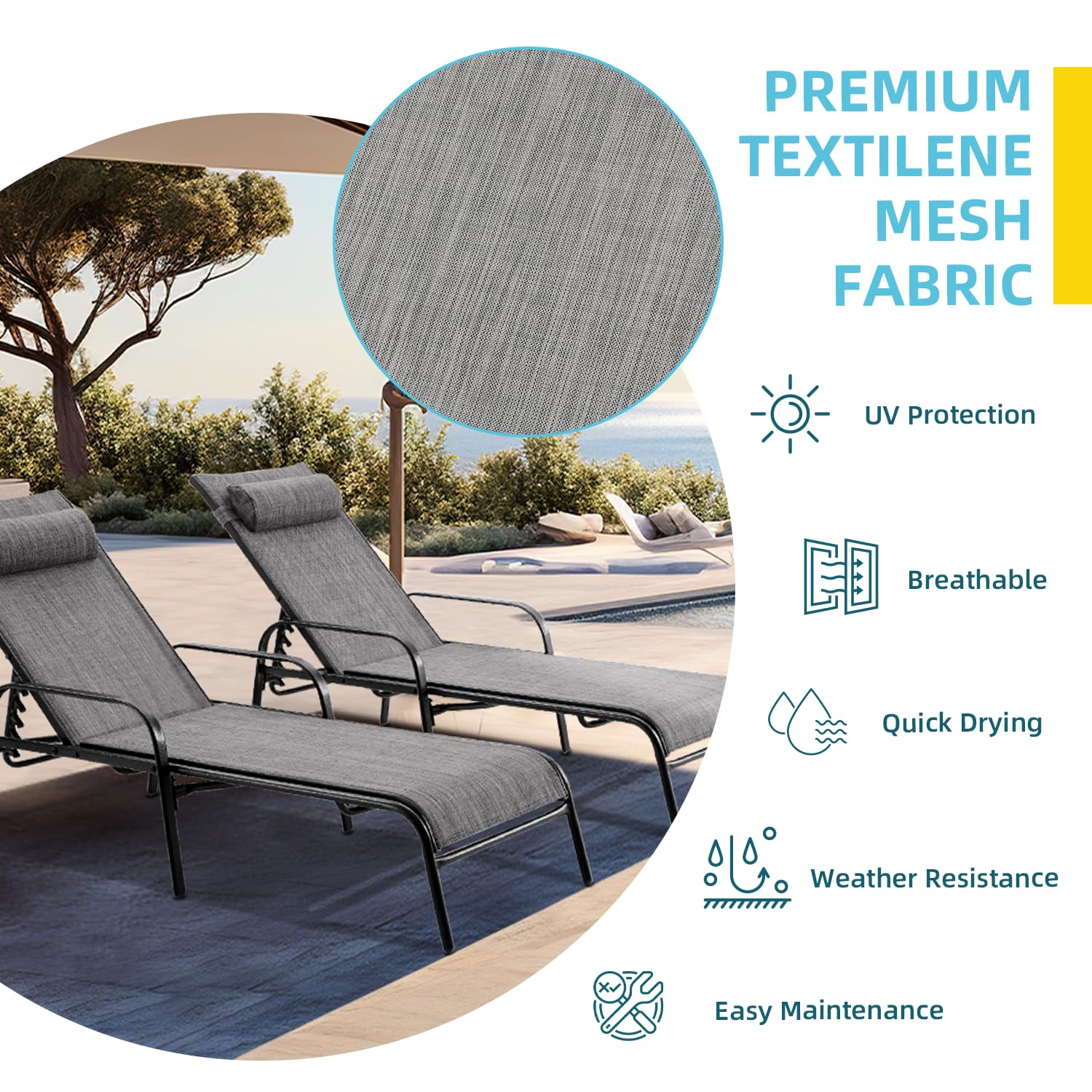 HOMREST Patio Chaise Lounges Set of 2 with Adjustable Backrest, Gray