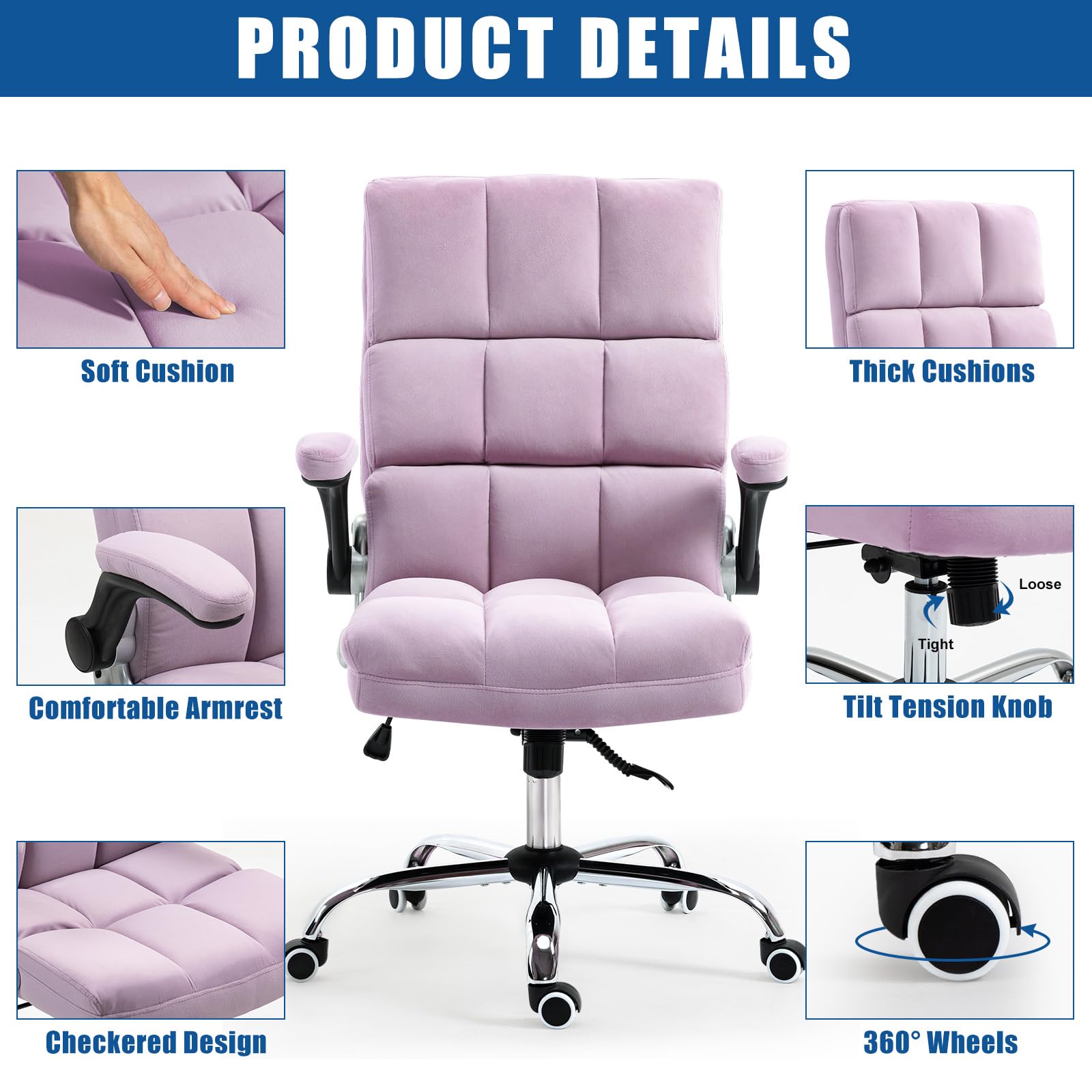 Homrest Ergonomic Flannel Desk Chair with Flip-Up Arms - Violet