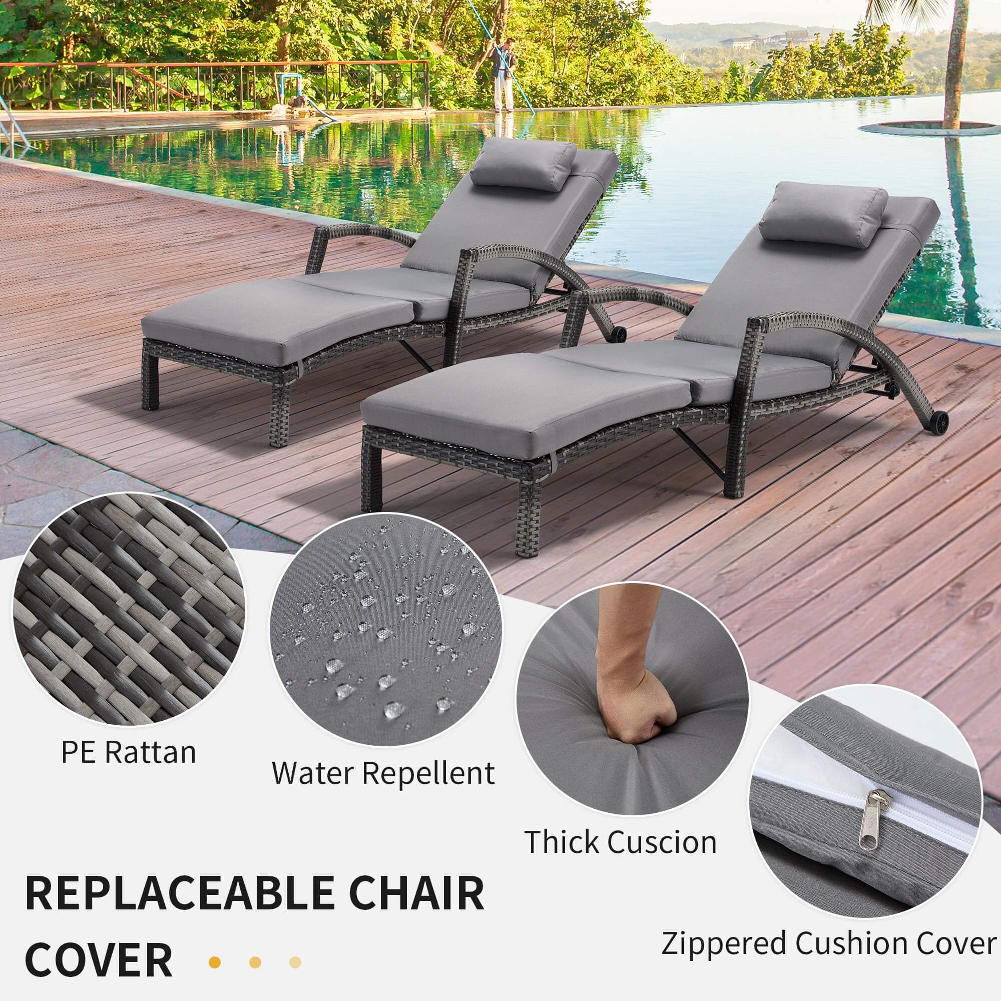 Homrest Patio Lounge Chair Set of 2 with Headpillow & Cushion, Gray