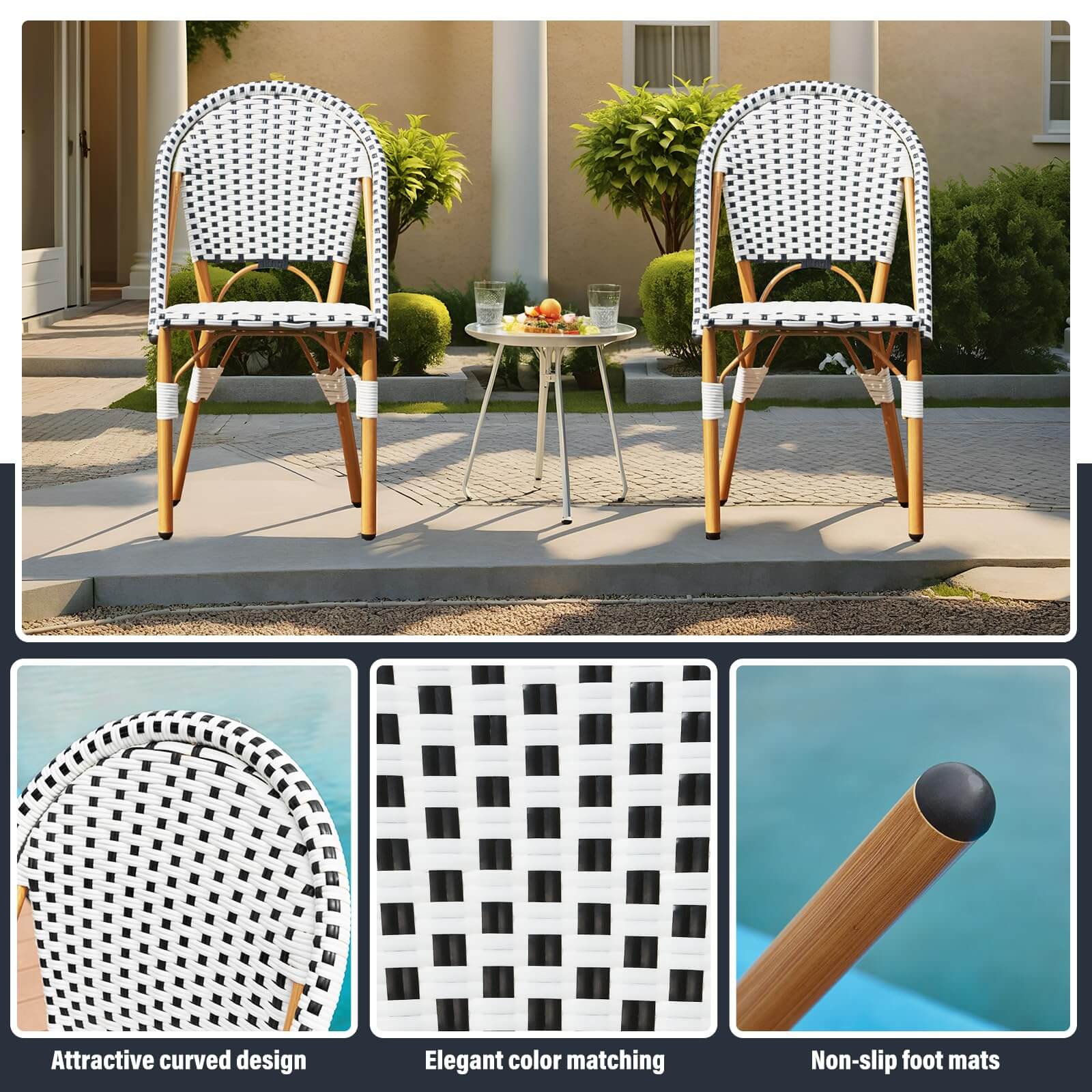 HOMREST Outdoor French Bistro Chair Set of 4, Wicker Patio Dining Chairs with Print Finish, Black&White
