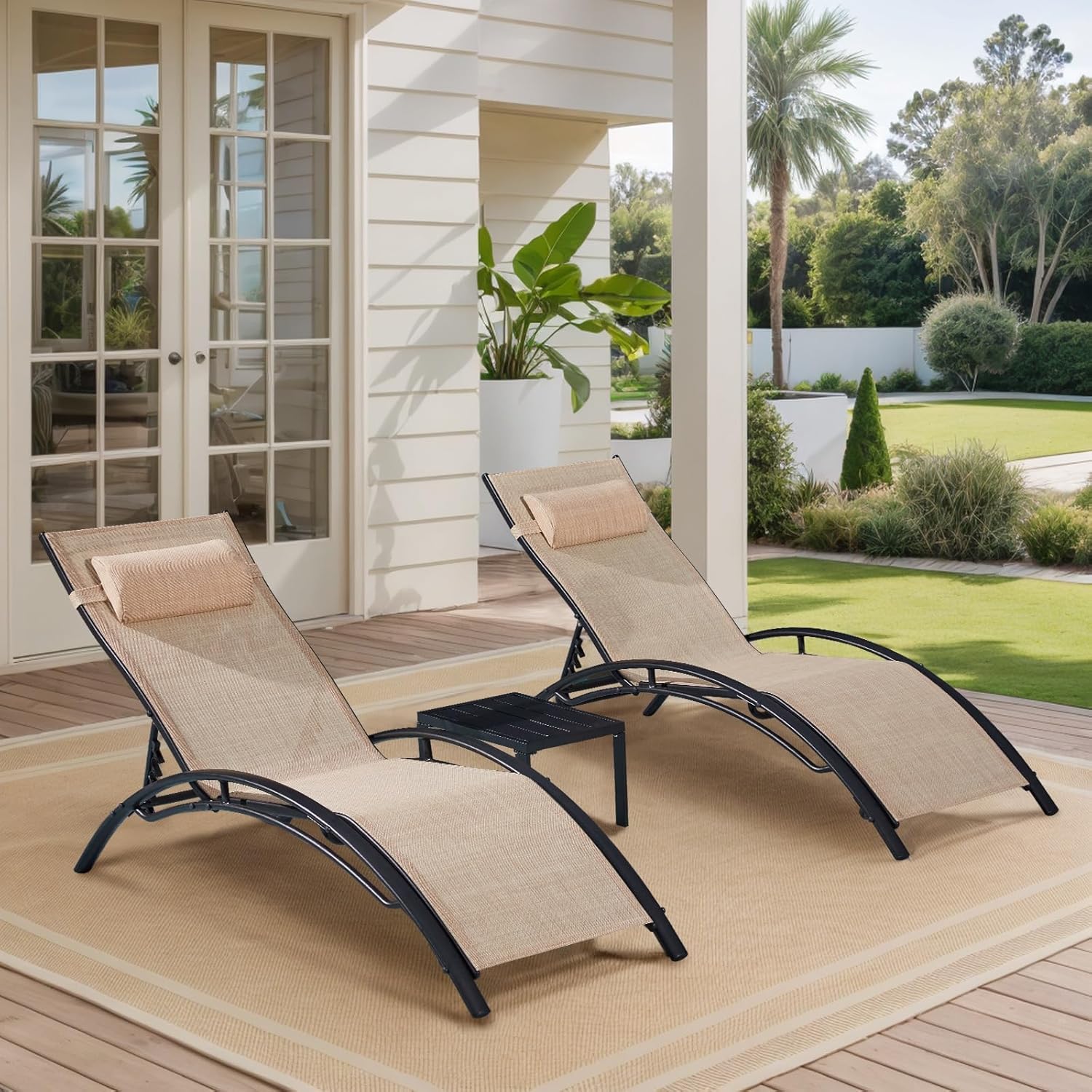 HOMREST 3-Piece Outdoor Chaise Lounge Set, Reclining Patio Chairs with Side Table, Khaki