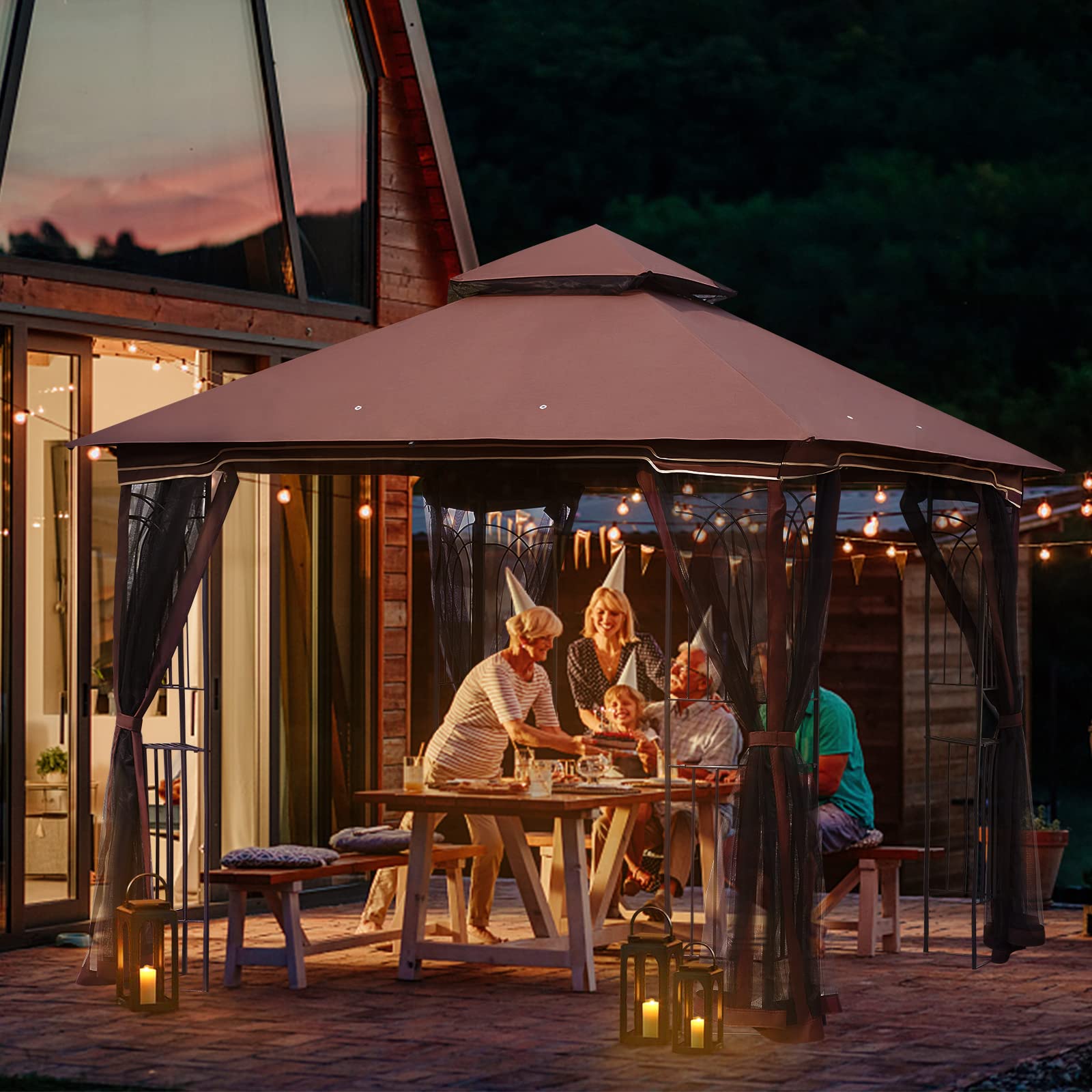 HOMREST Outdoor Gazebo 10'x10', Heavy Duty Canopy Tent with Soft Double Roofs & Metal Corner Frame Shelves, Party Tent Shelter with Mosquito Netting for Patio, Deck, Backyard, Brown