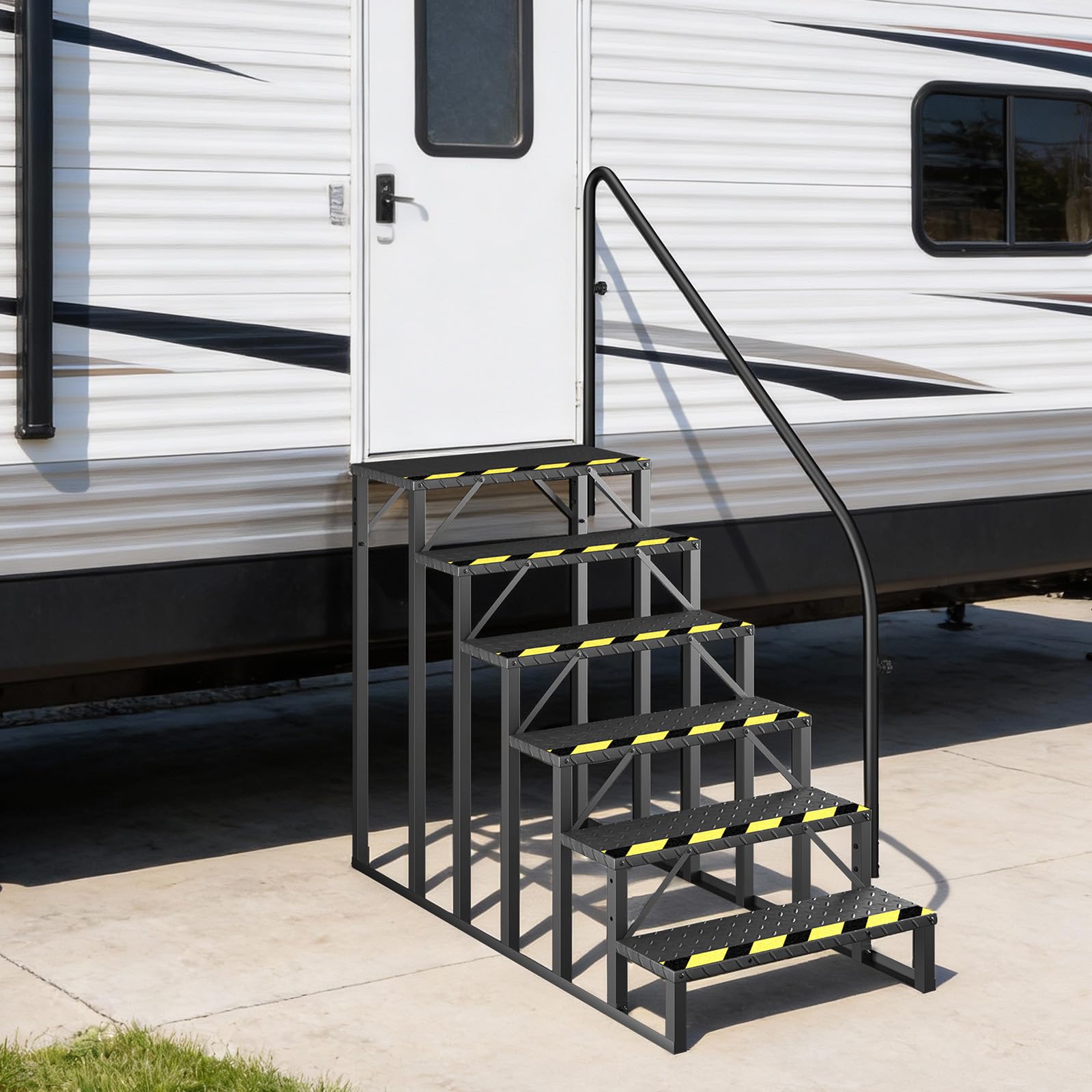HOMREST 6-Step RV Steps with Handrail, 660LBS Capacity, Metal Mobile Home Stairs with Armrest, Anti-Slip Hot Tub & Camper Steps, Non-Skid Treads
