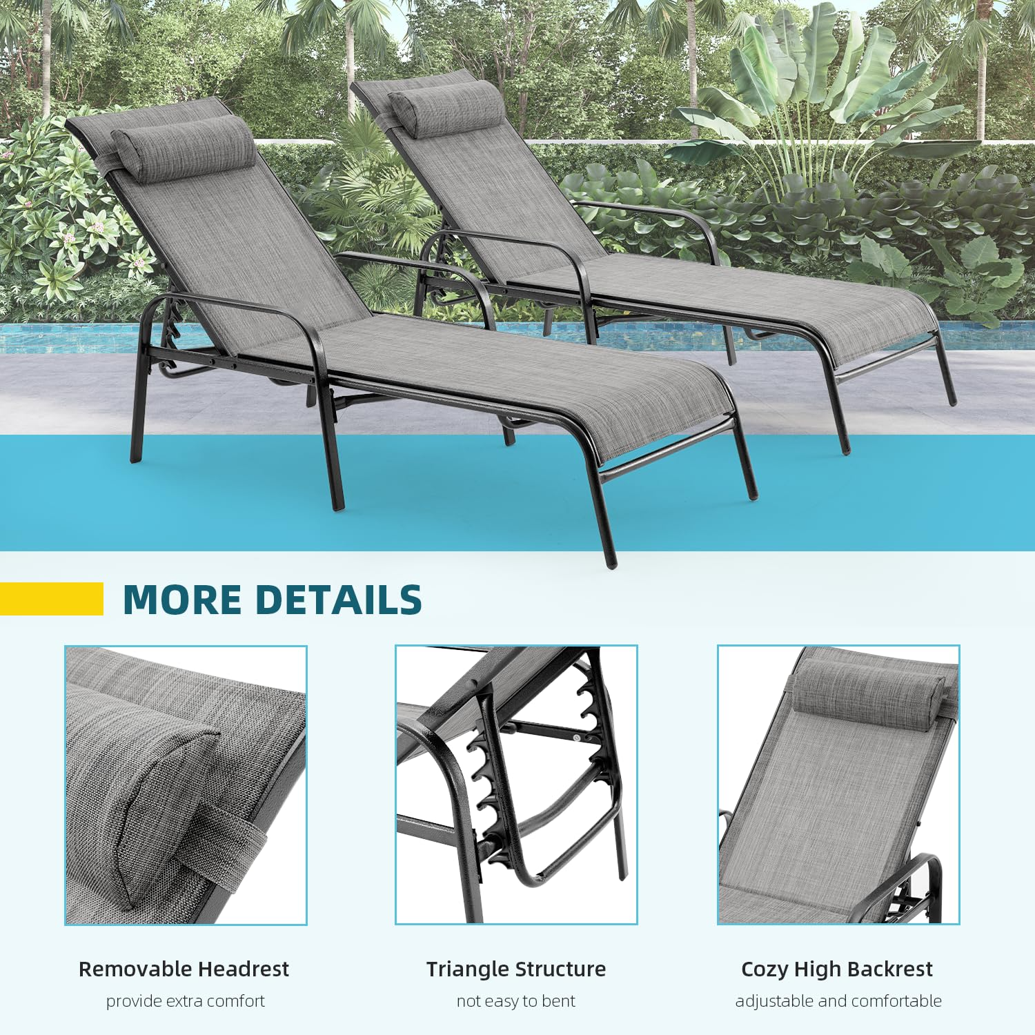 HOMREST Patio Chaise Lounges Set of 2 with Adjustable Backrest, Gray