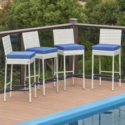 HOMREST Rattan Bar Stools Set of 4, Wicker Woven Patio Stools & Patio Bar Chairs with Seat Cushion and Cozy Footrest, Outdoor Furniture Armless Counter Height, Gray/Blue