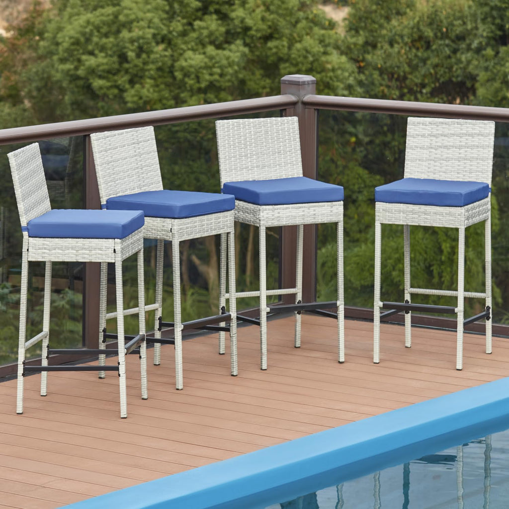 HOMREST Rattan Bar Stools Set of 4, Wicker Woven Patio Stools & Patio Bar Chairs with Seat Cushion and Cozy Footrest, Outdoor Furniture Armless Counter Height, Gray/Blue