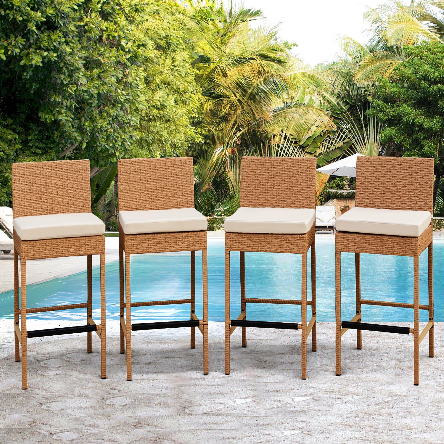 HOMREST Rattan Bar Stools Set of 4, Wicker Woven Patio Stools & Patio Bar Chairs with Seat Cushion and Cozy Footrest, Outdoor Furniture Armless Counter Height, Yellow