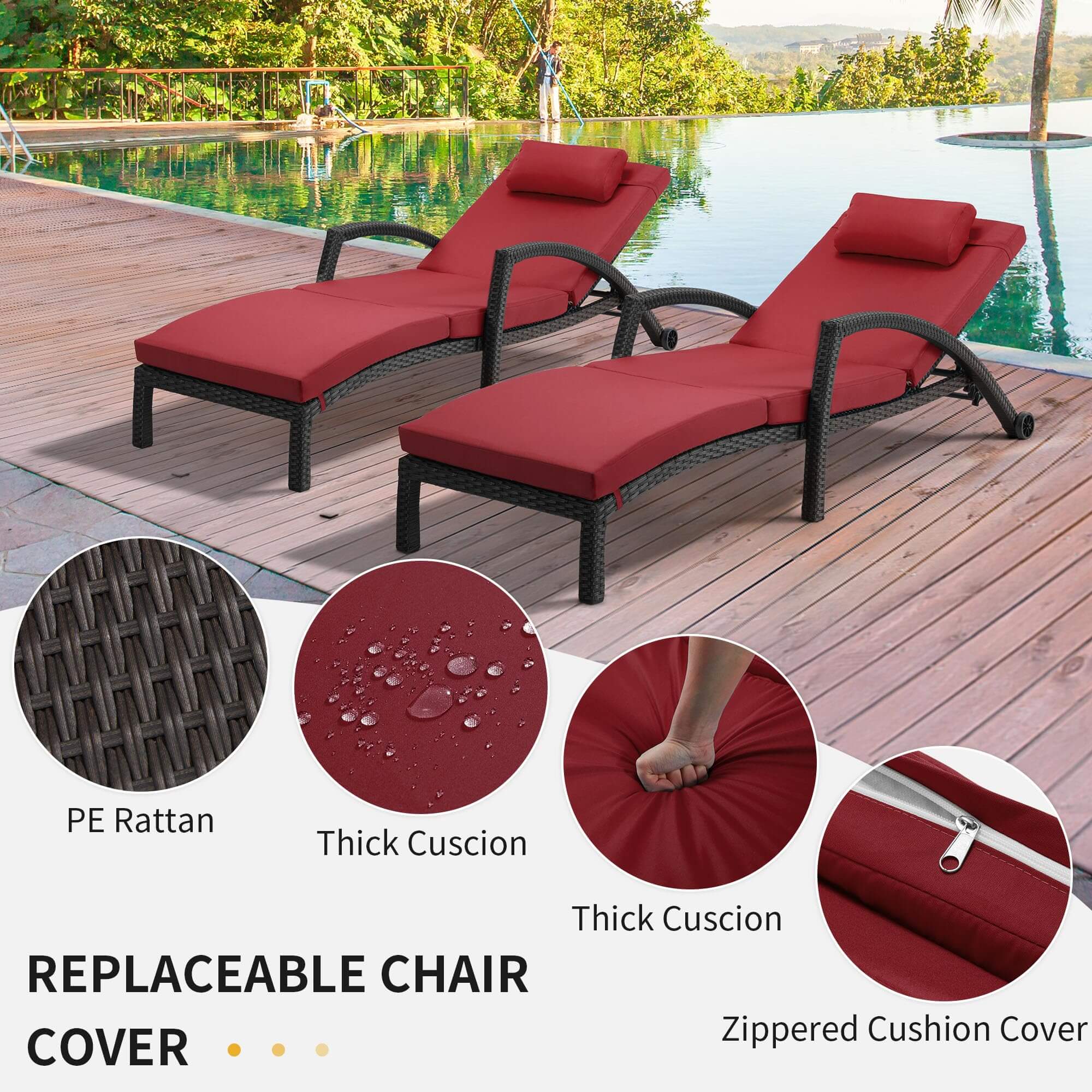 Homrest Chaise Lounge Chairs Set of 2 for Outside,  PE Rattan Wicker Lounge Chair, Wine Red