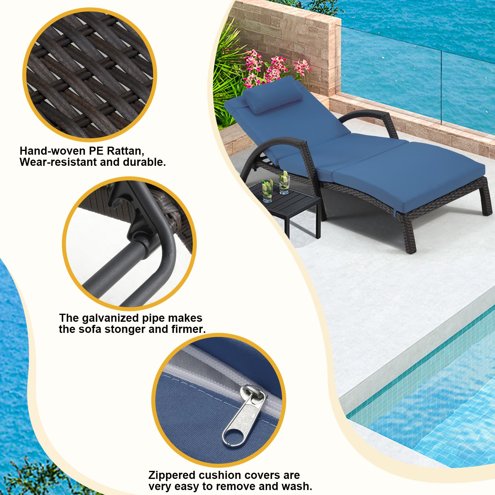 Homrest Chaise Lounge Chairs Set of 4 PE Rattan Wicker Patio Pool Lounge Chair, Dark Blue