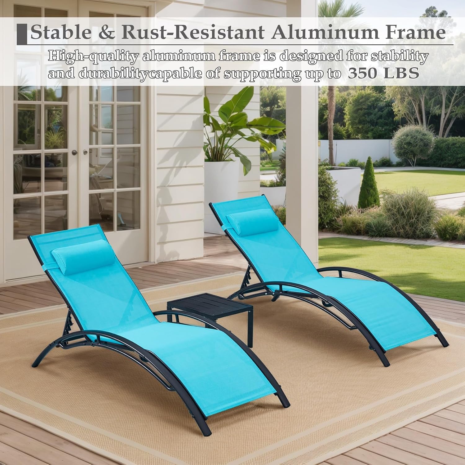 HOMREST 3-Piece Outdoor Chaise Lounge Set, Reclining Patio Chairs with Side Table, Blue