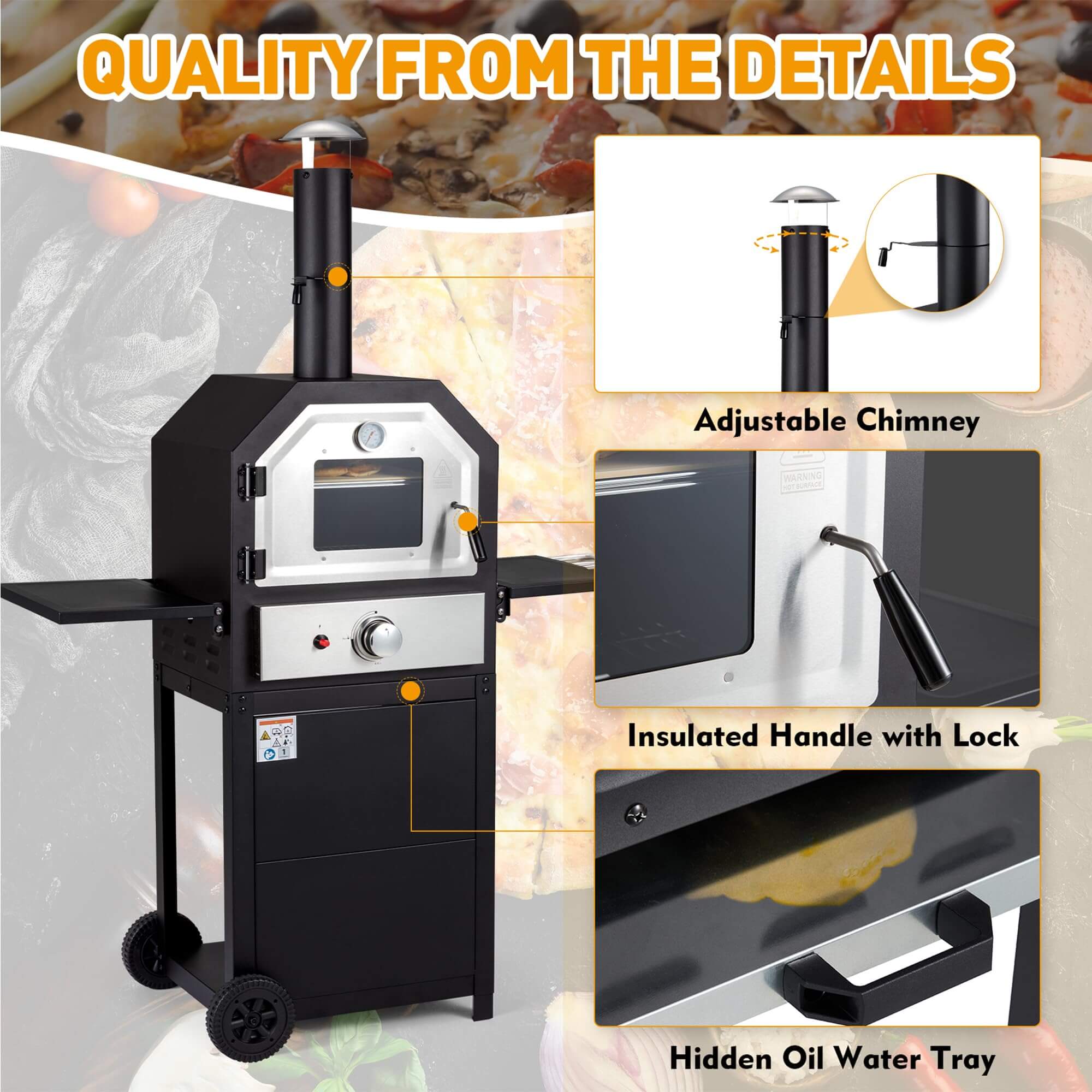 HOMREST Freestanding Outdoor 12" Gas Pizza Oven, CSA Approved Portable Propane Pizza Oven with 2 Foldable Shelves, Wheels and Cover