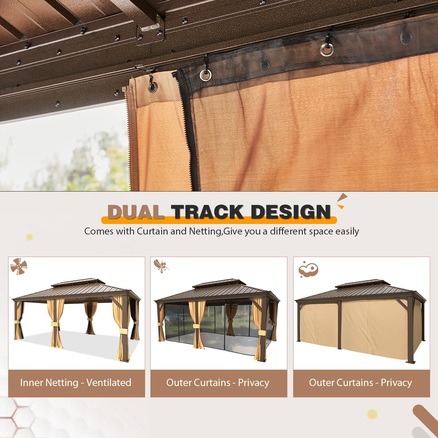 Homrest 12' x 18' Gazebo Double Hardtop Roof Galvanized Steel Pavilion Aluminum Frame Permanent Brown