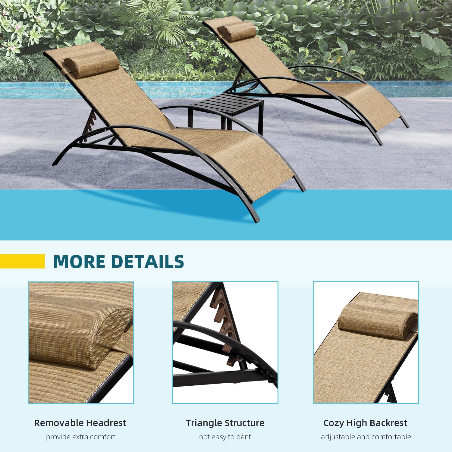 HOMREST 3 PCS Outdoor Lounge Chairs Set of 2 with Coffee Table, Brown
