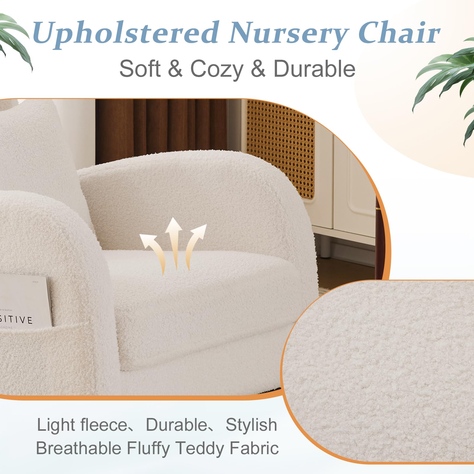 Homrest Teddy Fleece Low Seat Rocking Chair with Blanket & Lumber Pillow, Nursery Glider Chair with Side Pockets